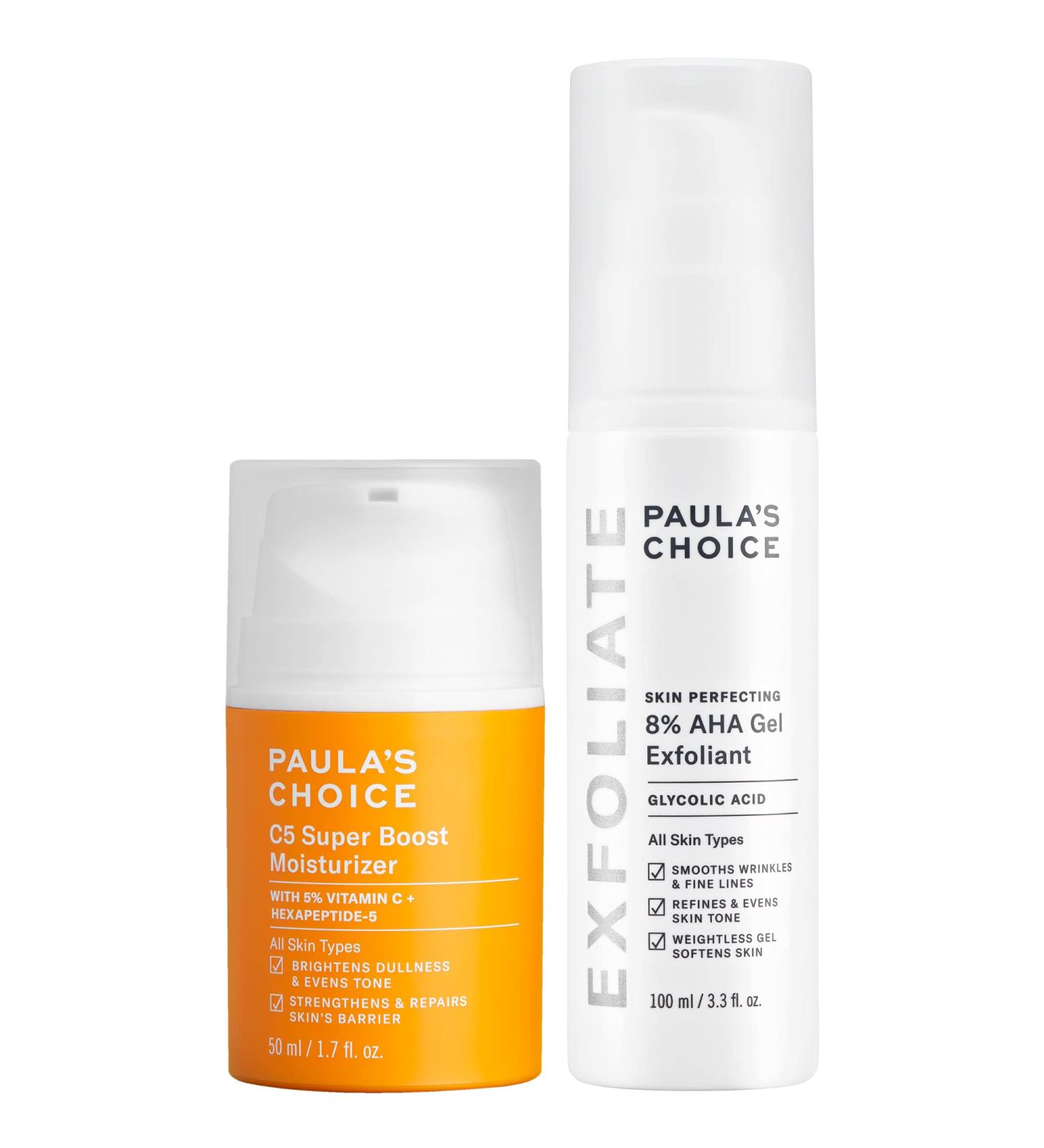 Paula's Choice 8% AHA Gel Leave-On Exfoliant with Glycolic Acid + C5 Super Boost Moisturizer with 5% Vitamin C Duo for Sun Damage Discoloration Uneven Tone & Texture Fragrance-Free - Buy Online on GoSupps.com