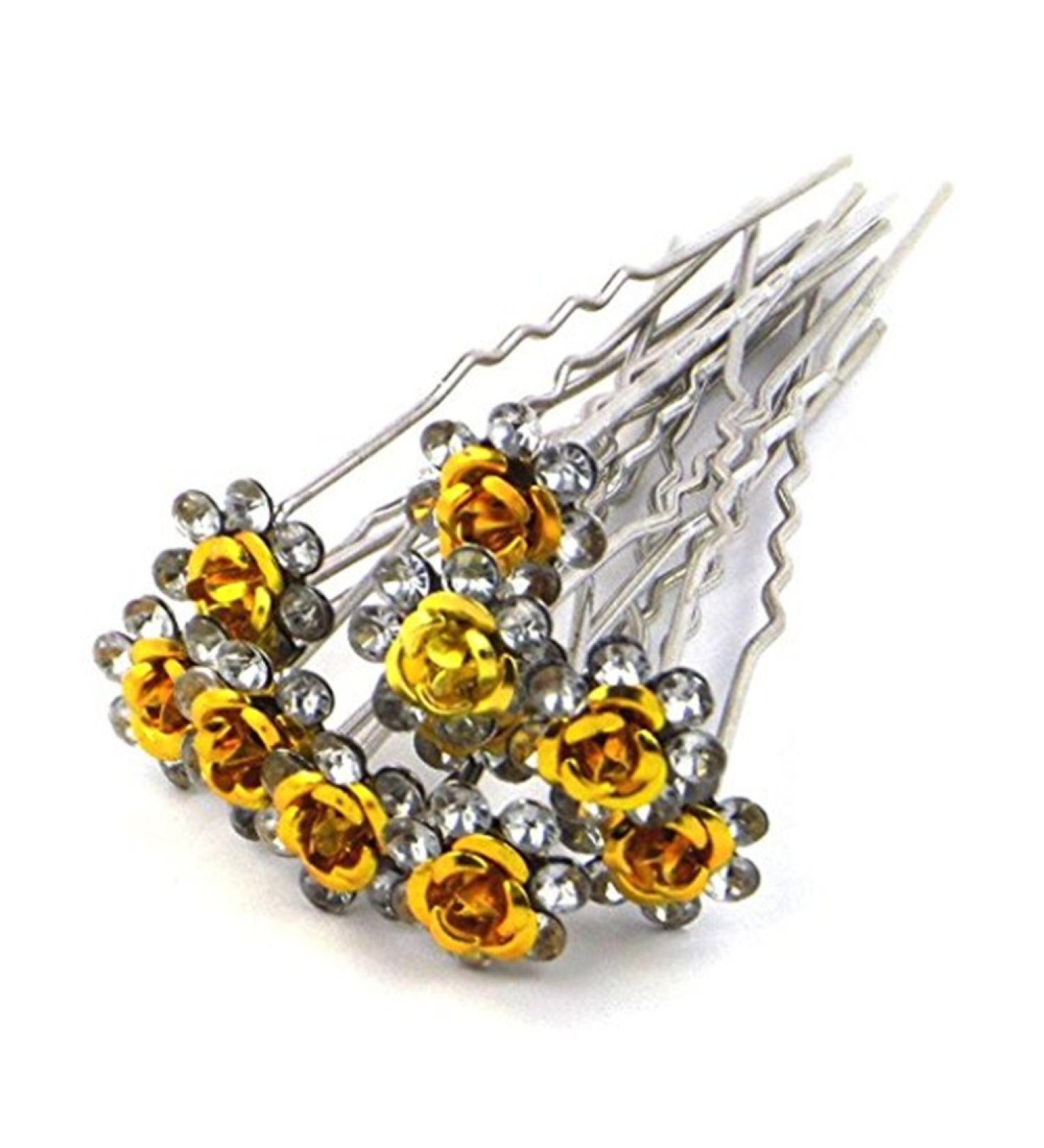 Livecity Wedding Prom Silver Crystal Diamante Rose Flower Hair Pins Clip Accessories (Yellow)