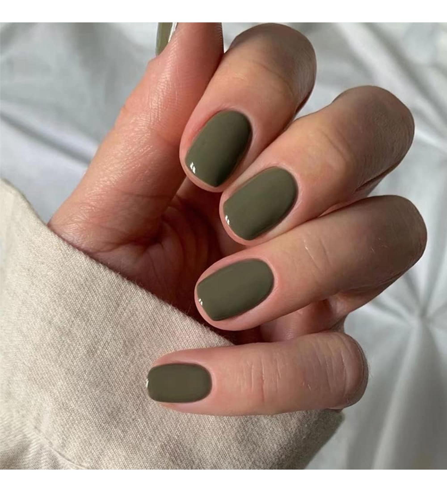Buy Camellia Olive Green Dainty Acrylic Press-On Nails - Full Cover Pure Color Round Design for Small Hands - Feder Nails in Various Sizes - Buy Online on GoSupps.com