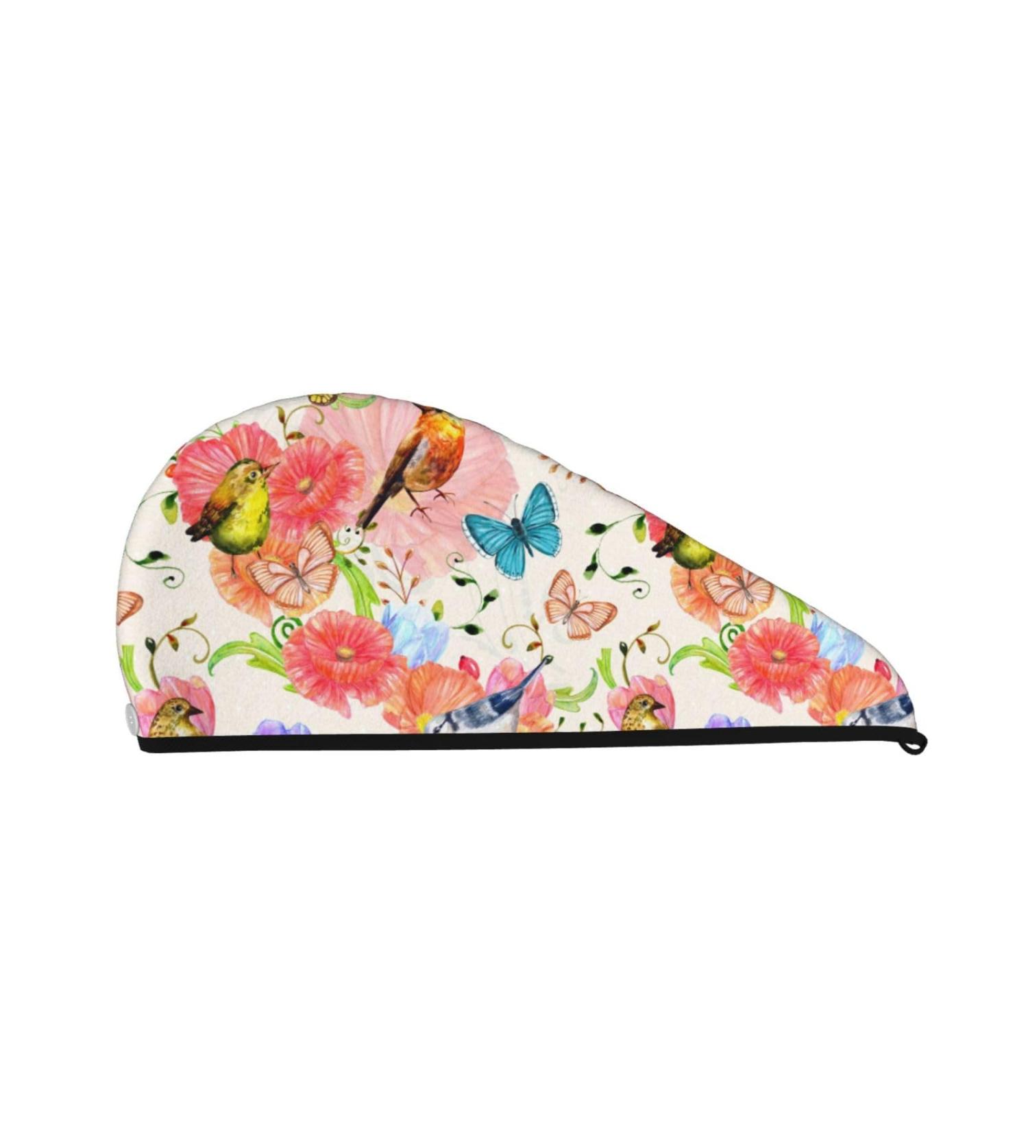Flowers and Birds Watercolor Hair Towel | Super Absorbent Coral Velvet Wrap for Women | Quick Dry for Long Curly Thick Hair - Buy Online on GoSupps.com