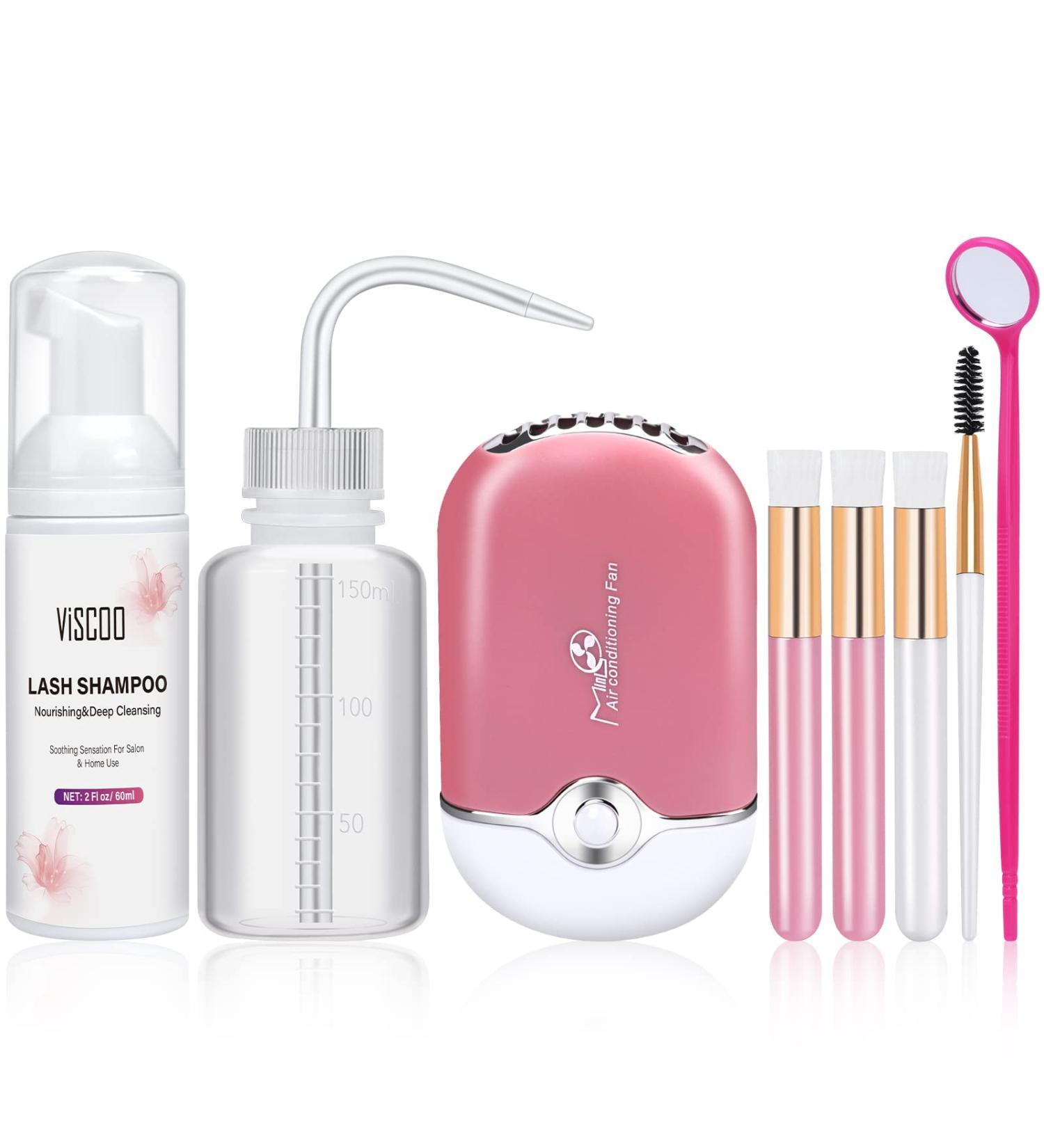 VISCOO Eyelash Shampoo & Cleanser Kit with USB Lash Fan - 150ml Wash Bottle, 60ml Clean Mousse, Mascara Brush, Cleansing Brushes - Salon & Home Use - Buy Online on GoSupps.com