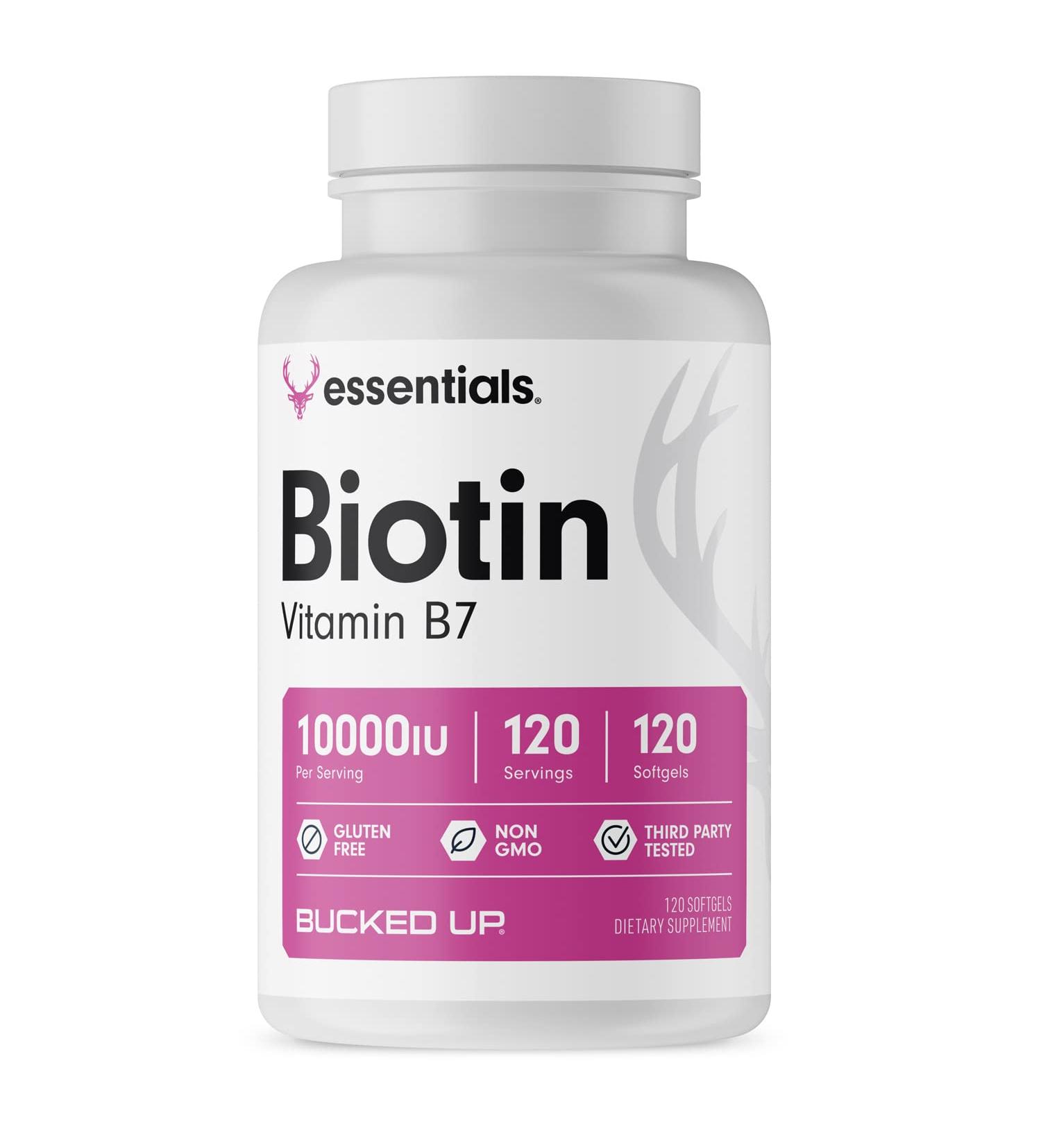 Bucked Up Biotin (Vitamin B7) 10,000IU Essentials - 120 Softgel Capsules | 120 Servings | Gluten-Free | Vegetarian | Non-GMO - Buy Online on GoSupps.com