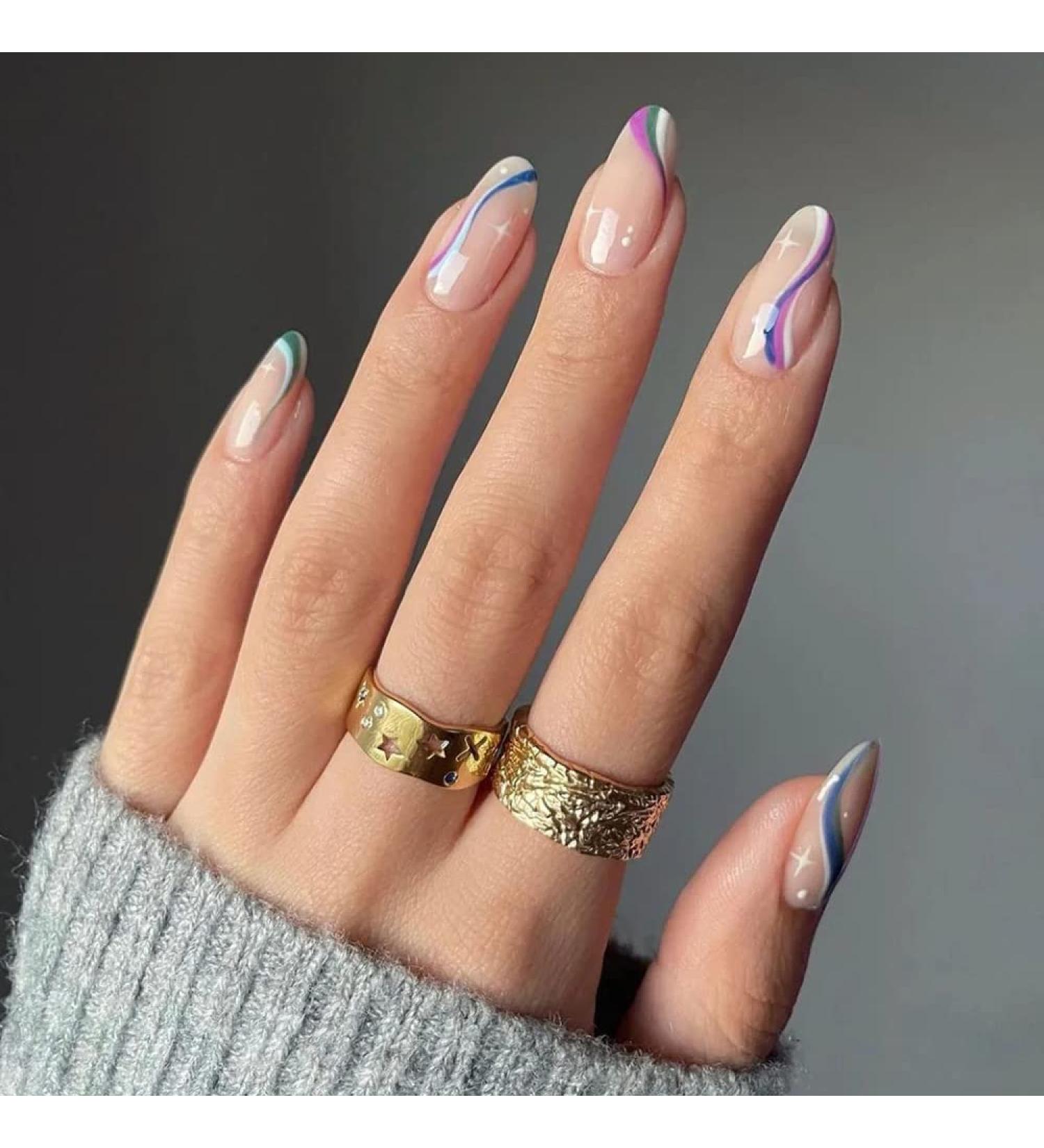 Justotry 24 Pcs Oval Swirl False Nails - Short Iridescent French Press on Nails with Nail Glue - Almond Stick on Nails for Women - Rainbow Fake Nails for Nail Art | Pastel Wavy Pattern - Buy Online on GoSupps.com