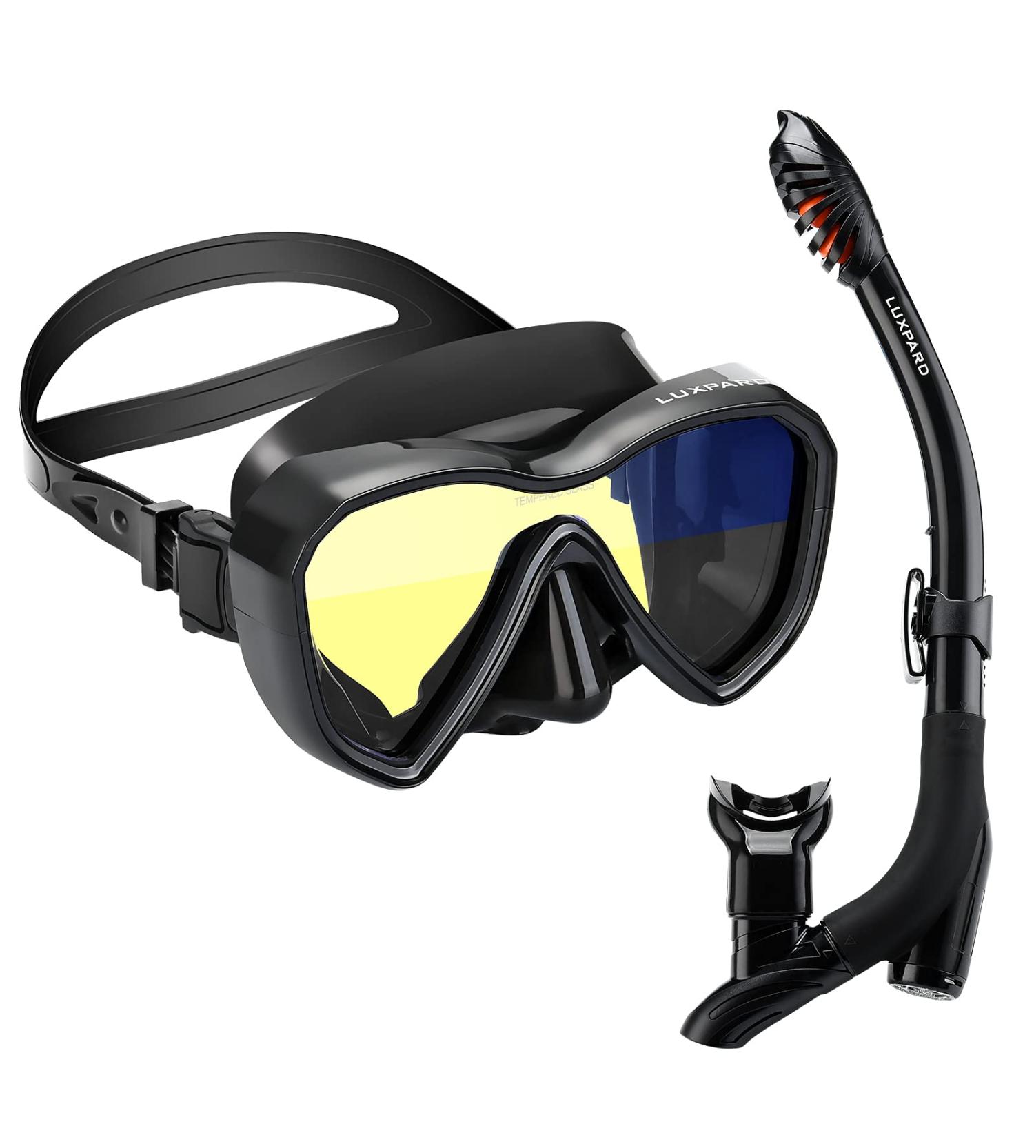 LUXPARD Snorkel Set - Anti-Fog Panoramic View Mask, Anti-Leak Dry Snorkel Tube - Snorkeling Gear for Adults with Bag - Black - Buy Online on GoSupps.com