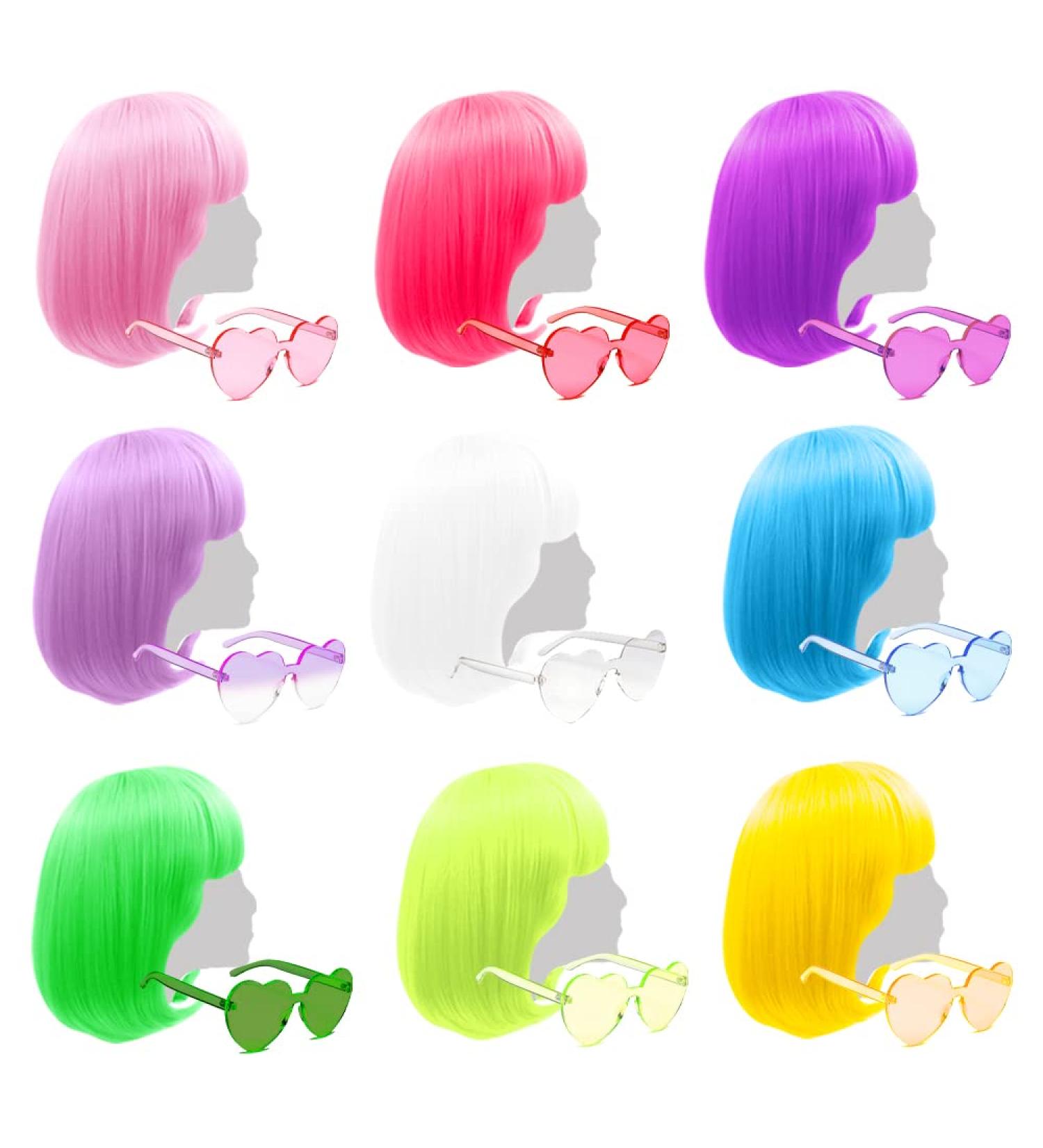LIULIUBTY 9-Piece Colorful Bob Wig Set with Heart Bachelorette Sunglasses - Bachelorette Party Favors for Women - Buy Online on GoSupps.com