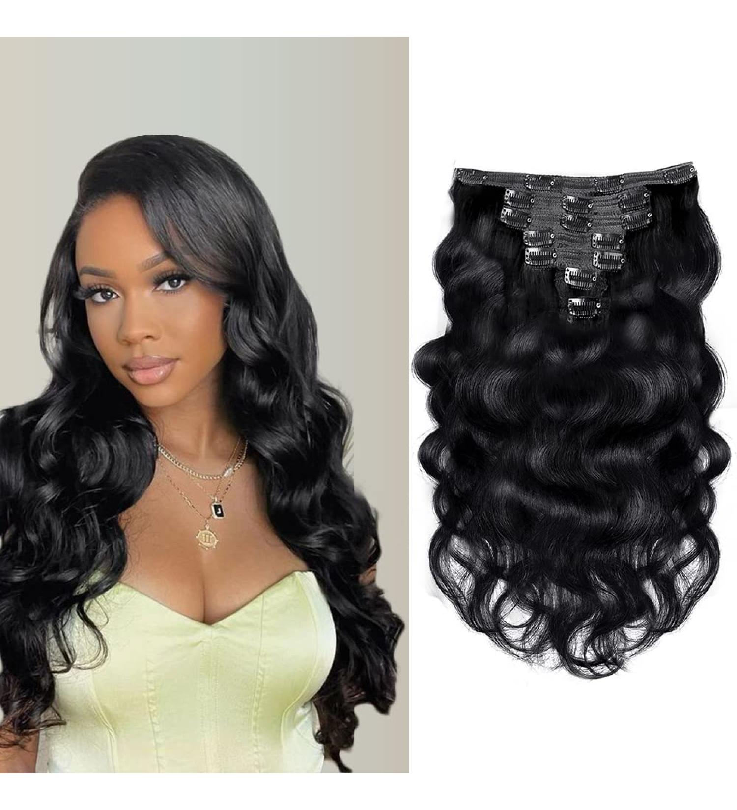 Liqusee Body Wave Clip In Hair Extensions - 100% Virgin Brazilian Human Hair, 20 Natural Color 1B, 7pc 100g Double Weft Clip Ins for Women - Buy Online on GoSupps.com