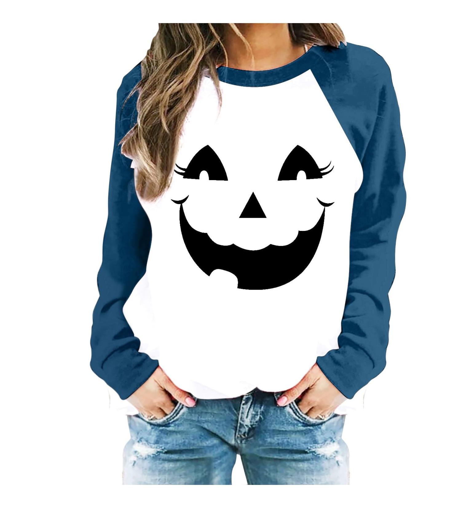 Halloween Costumes Halloween Print Round Neck Casual Long Sleeve Sweatshirt Zip up Hoodie Long Women Blue Large - Buy Online on GoSupps.com