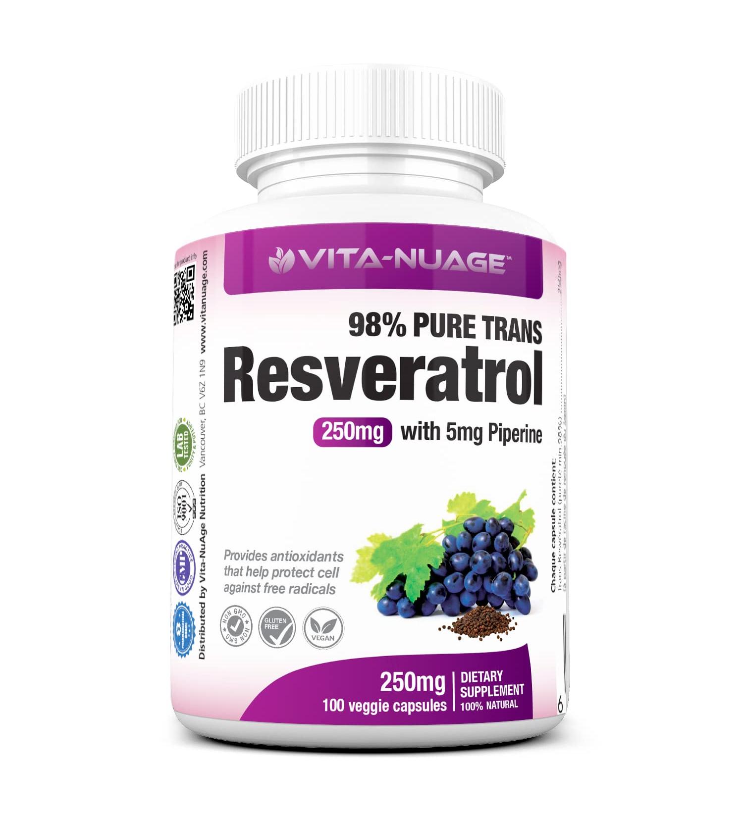 Vita-Nuage Certified 98% Super Strength Natural Trans Resveratrol Concentrate 250mg plus 5mg Piperine 100 Vegetarian Capsules - Buy Online on GoSupps.com