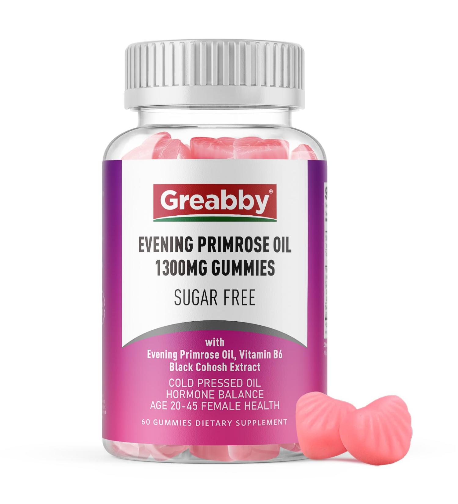 GREABBY Evening Primrose Oil Gummies 1300mg with Black Cohosh & Vitamin B6 Sugar-Free PMS Relief Supplements for Women 20-45 Chewable PMS Gummies Strawberry Flavor Vegan Pectin 60 Count - Buy Online on GoSupps.com