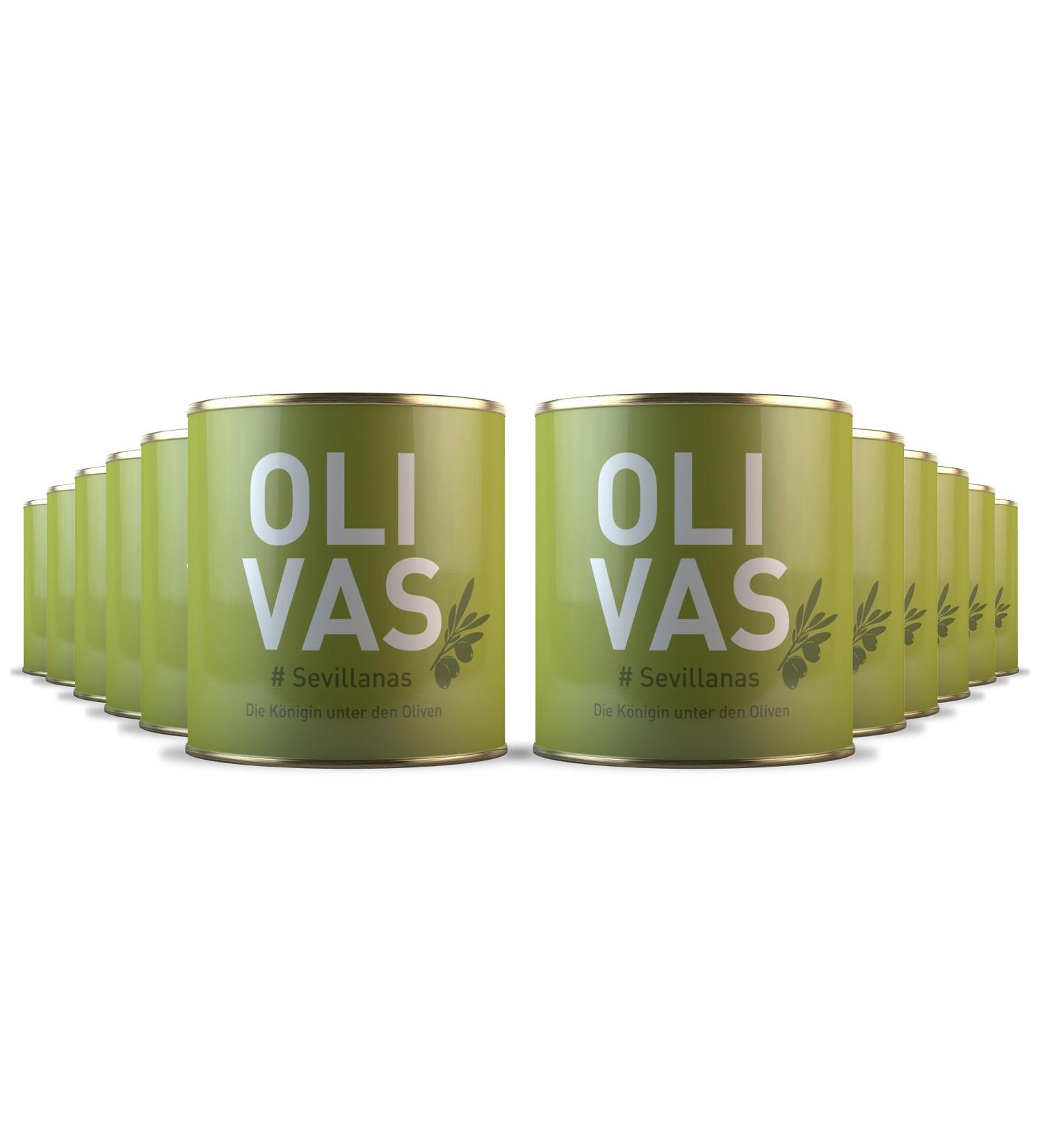Set of 12 OLIVAS Sevillanas - Authentic Mild Manzanilla Olives from Seville | 80g Tin - The Queen of Olives - Buy Online on GoSupps.com