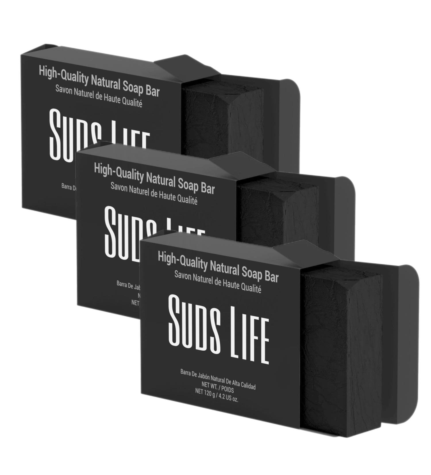 Suds Life 3-Pack Activated Charcoal Black Soap Bar for Men & Women Hand Face Body Soap Organic Shea Butter - Detoxifying and Purifying - 12.6 oz