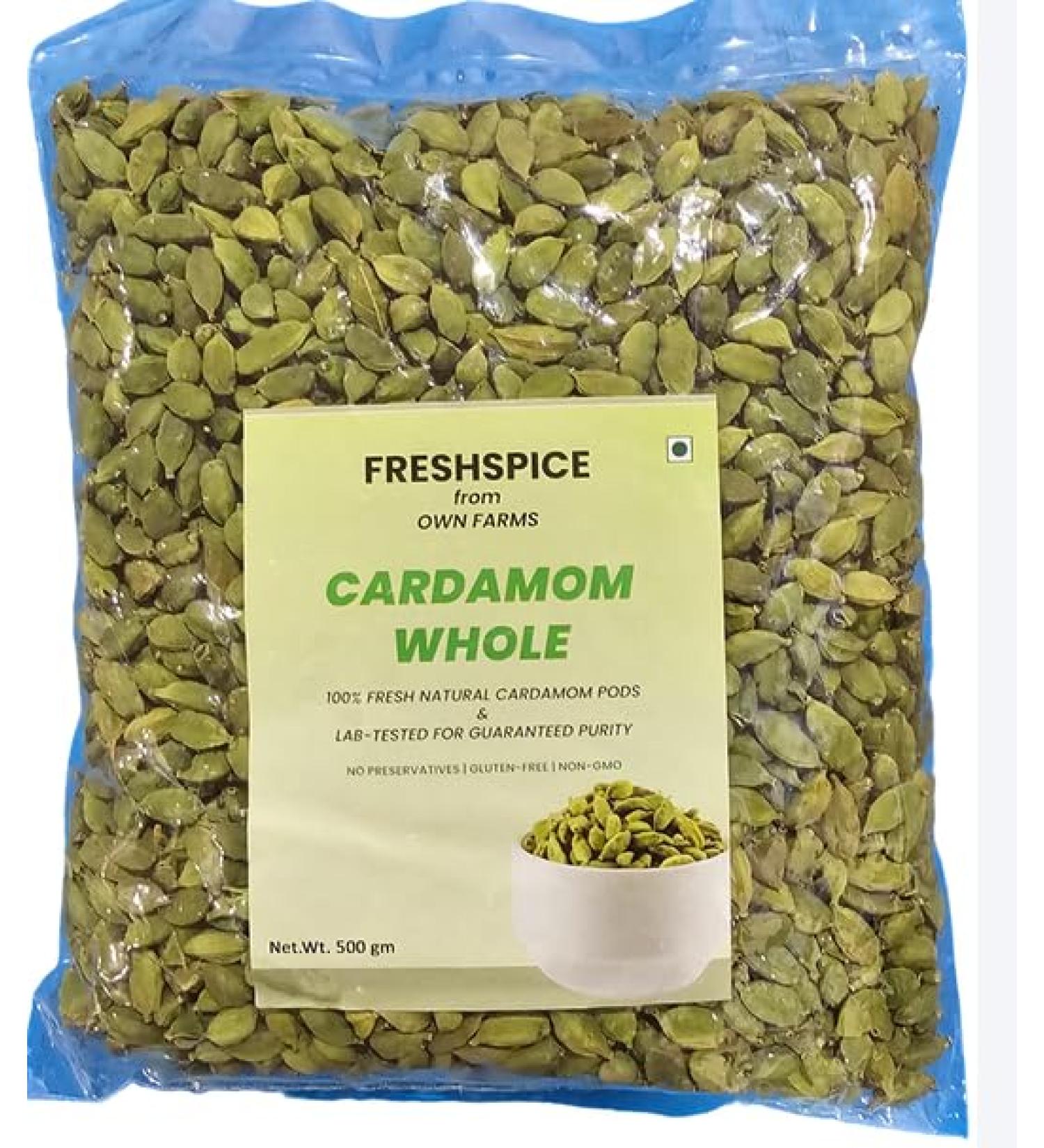 FreshSpice Green Cardamom Pods (500g) | Harvested directly from the farms of Kerala and lab tested for purity - Buy Online on GoSupps.com