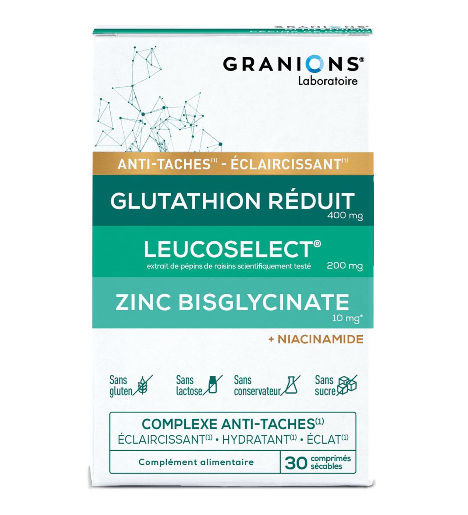 GRANIONS - COMPLEXE ANTI TACHE VISAGE Glutathion Vitamine C Zinc bisglycinate Selenium Niacinamide - clat Uniformit du Teint claircissant Hydratant Visage - Fabriqu en France - 1 MOIS - Buy Online on GoSupps.com