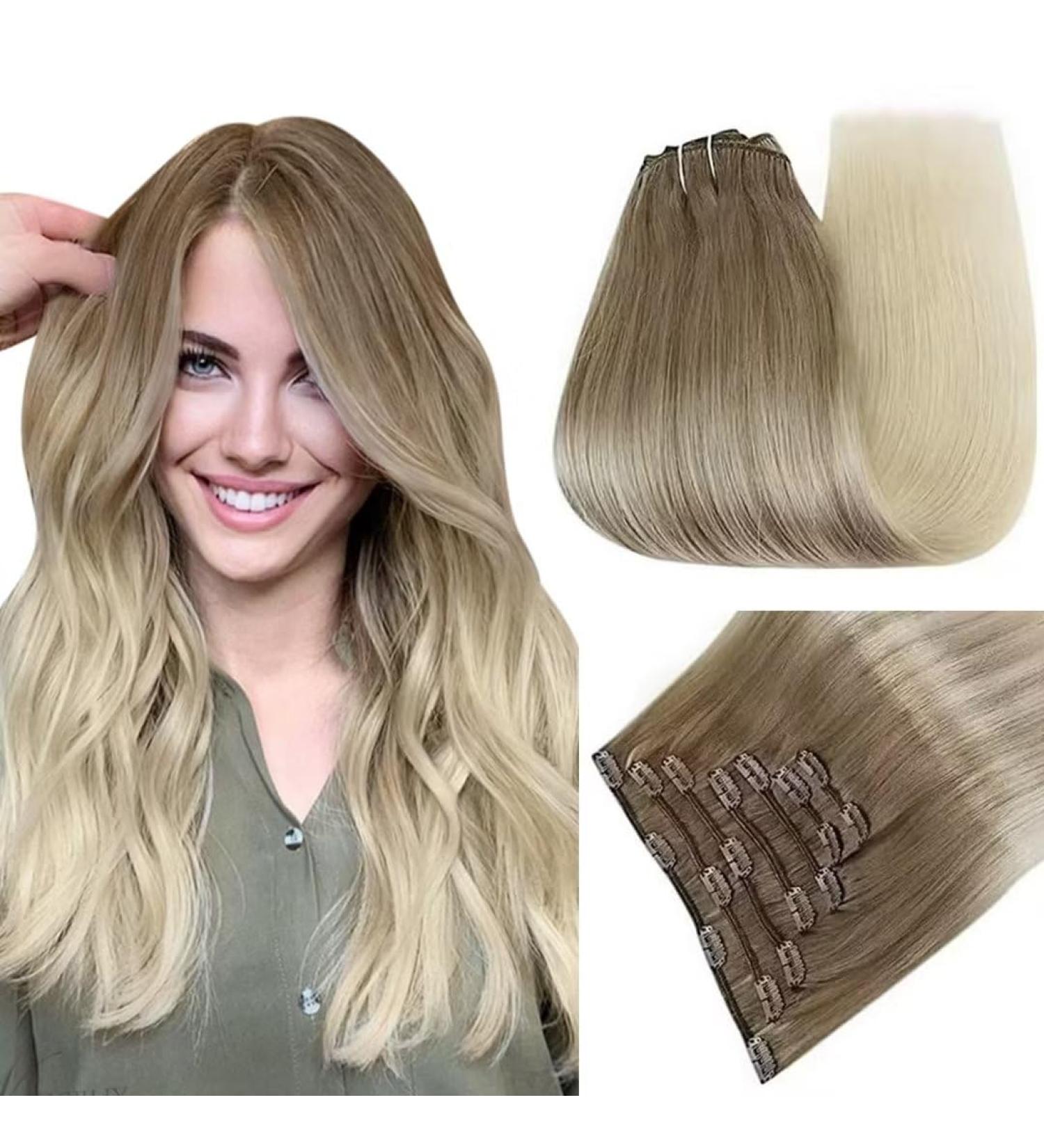 Easyouth Ombre Double Weft Clip in Human Hair Extensions - Brown to Blonde Balayage, 120g 7Pcs 16 Inch - Buy Online on GoSupps.com