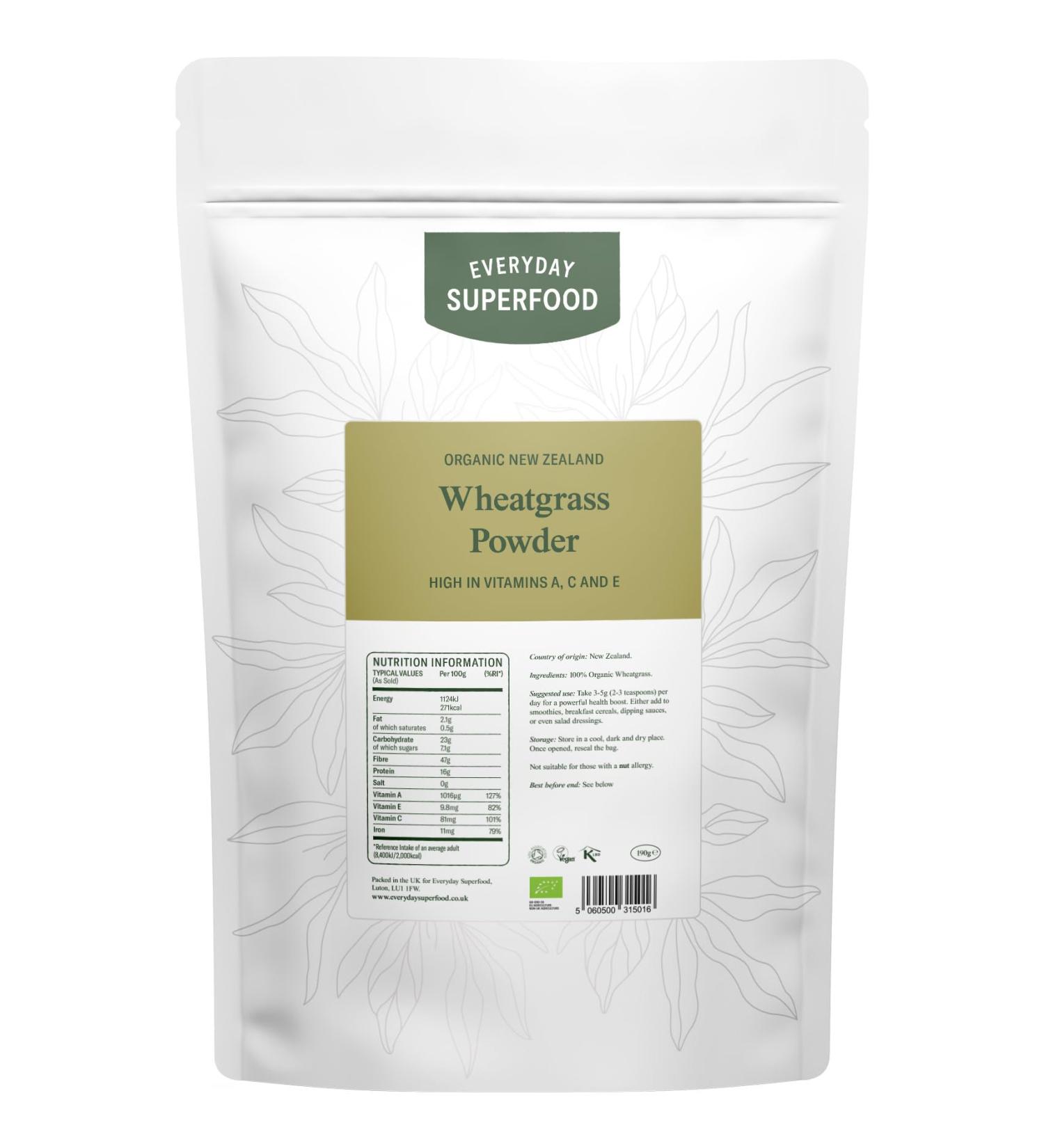 Everyday Superfood Organic New Zealand Wheatgrass Powder High Vitamins Perfect in Juice and Smoothies (190g) 190 g (Pack of 1)