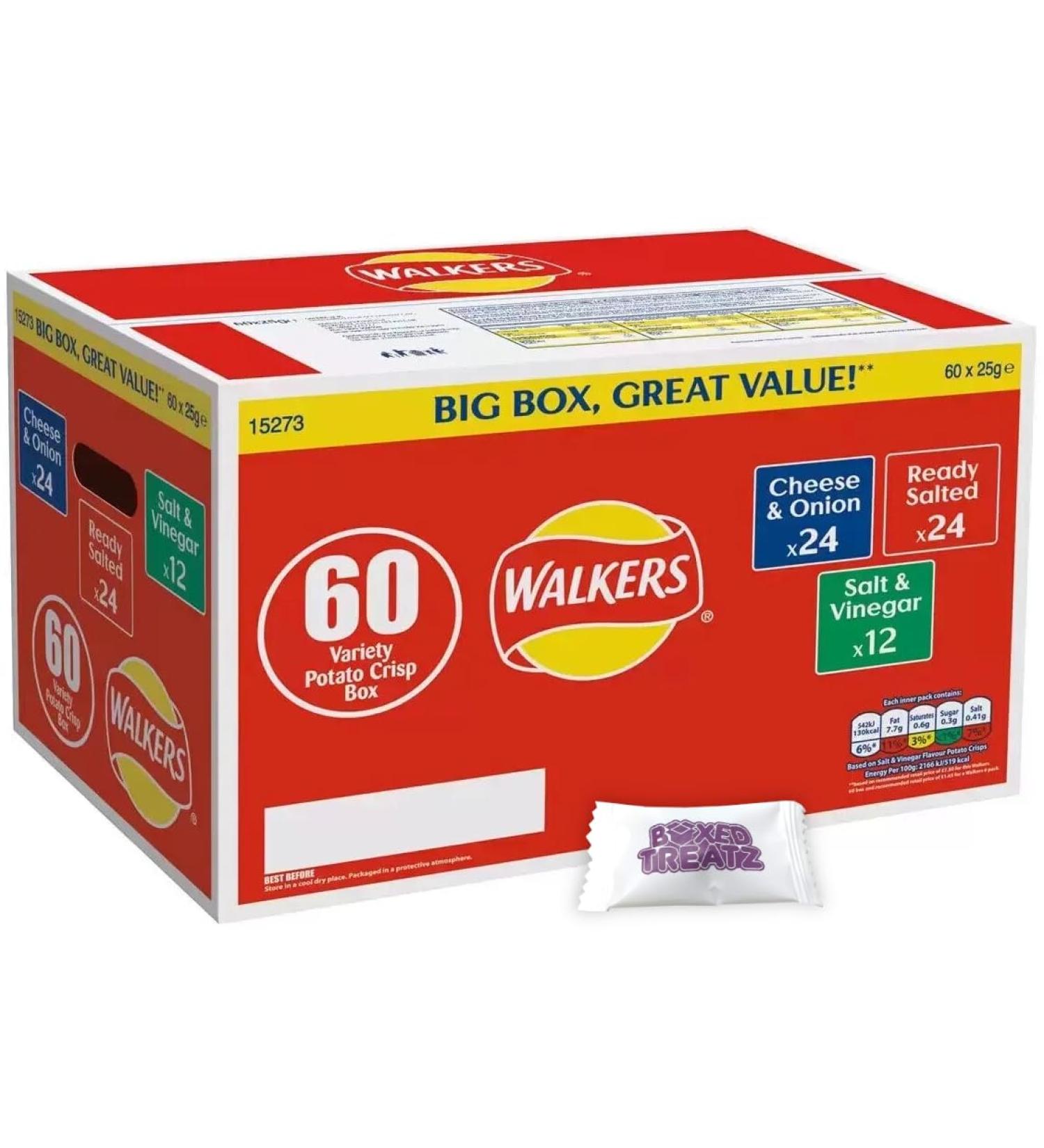 Walkers Crisps Walkers Classic Box Crisps Pack Of 60 x 25g - 24 x Cheese Onion 24 x Ready Salted 12 x Salt & Vinegar 3 Different Flavours Boxed Treatz - Buy Online on GoSupps.com