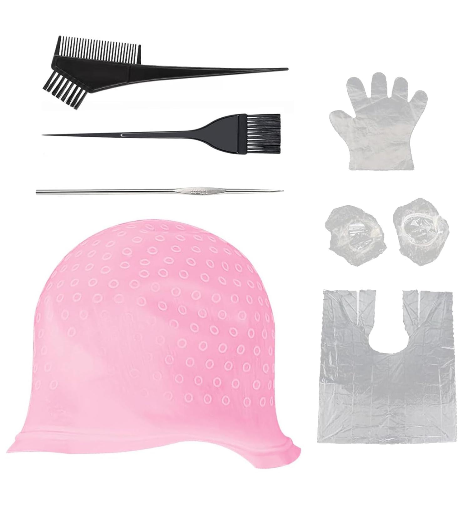 7 Pcs Silicone Highlight Cap Kit with Hook Needles and Dye Brushes - Hair Frosting and Tipping Cap for Girls - Buy Online on GoSupps.com