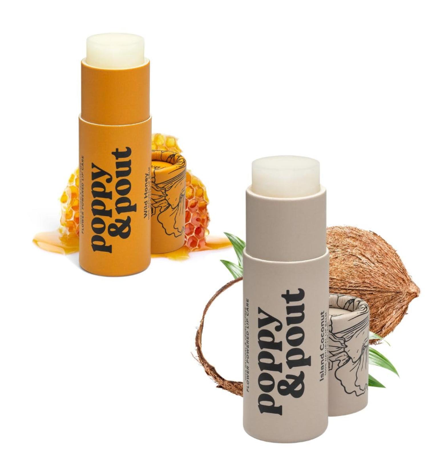 Poppy & Pout Jumbo Lip Balm 2 Pack All Natural Lip Balms & Moisturizers Hydrates with Beeswax Vitamin E Organic Coconut Island Coconut & Wild Honey - Buy Online on GoSupps.com