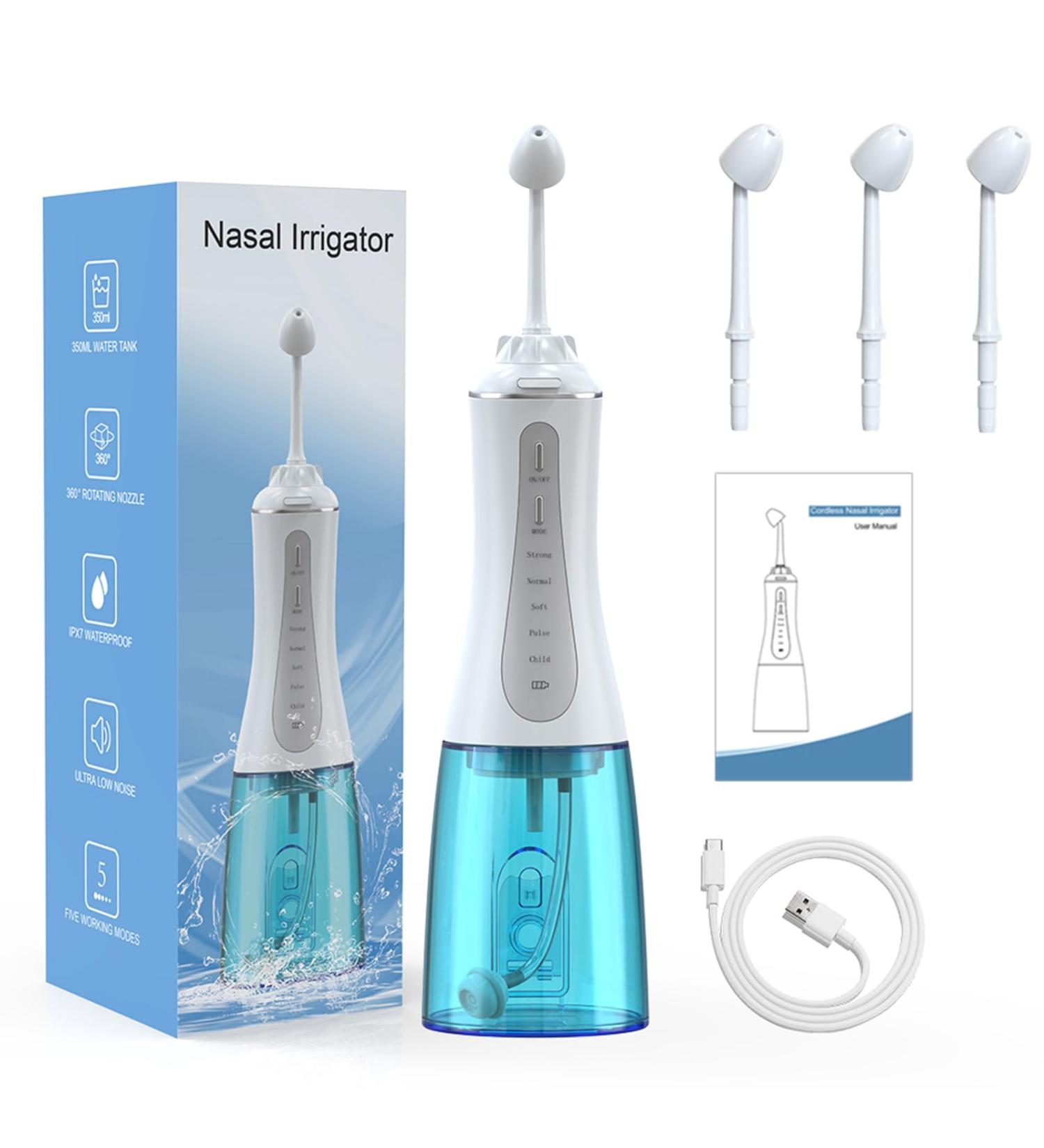 GOLDANT Nasal Irrigation System for Nasal Rinse, 350ML Rechargeable Cordless Neti Pot with 5 Modes & 3 Tips, IPX7 Waterproof Sinus Rinse Kit for Adults, for Sinus Relief and Nasal Care(White) - Buy Online on GoSupps.com