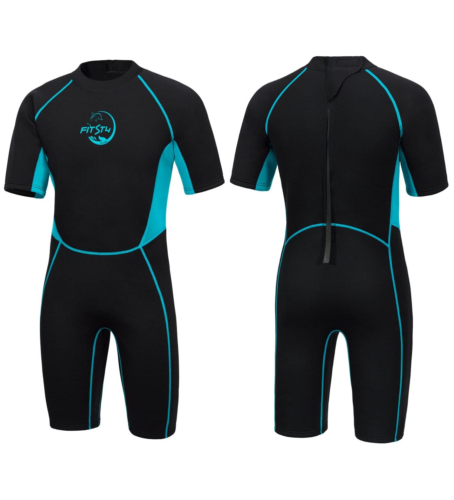 FitsT4 Kids 2.5mm Neoprene Shorty Wetsuit - Thermal Swimsuit for Boys and Girls - Ideal for Diving, Snorkeling, Surfing - Back Zipper - Aqua Small - Buy Online on GoSupps.com