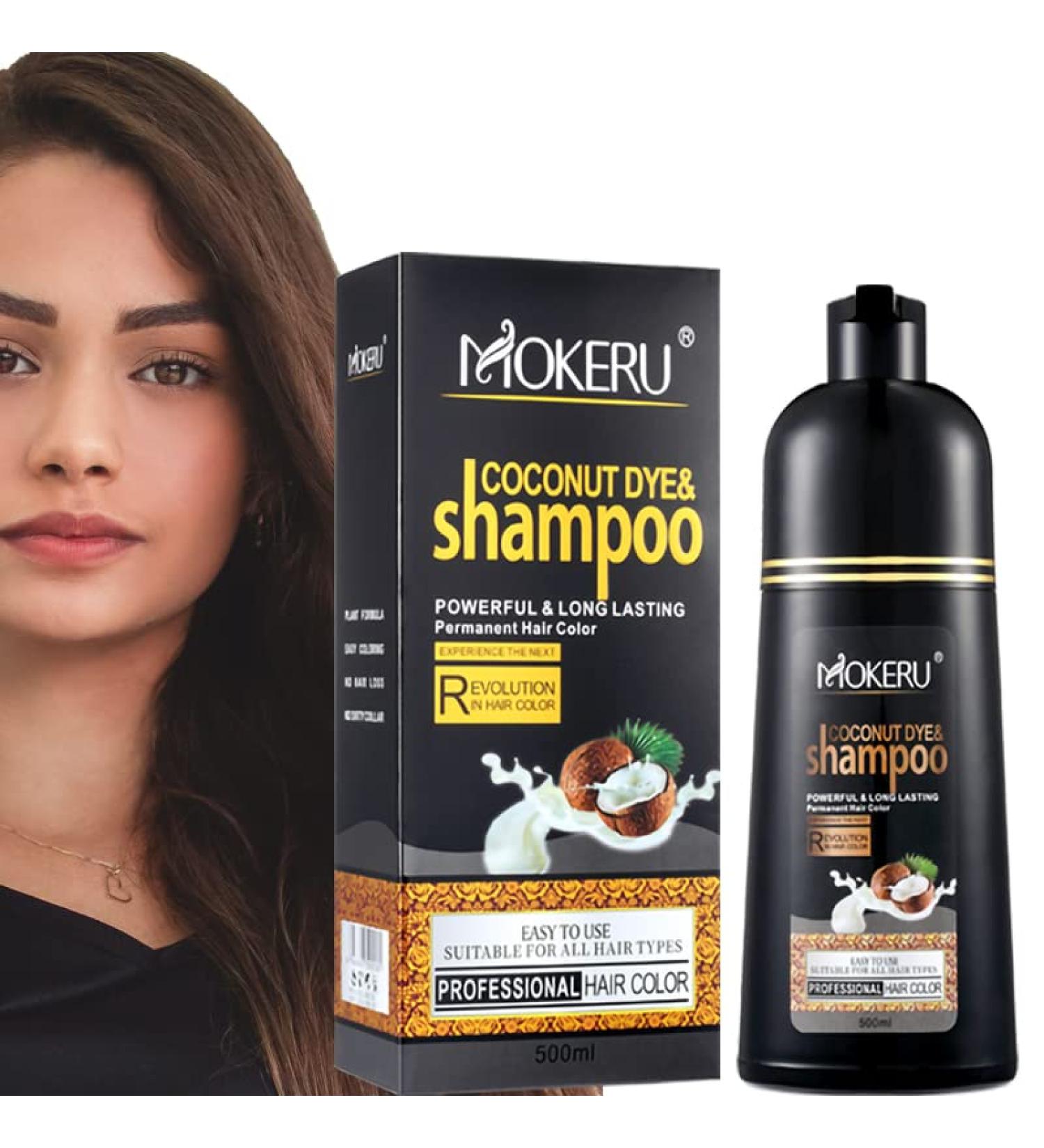 MOKERU Coconut Dark Brown Hair Dye Shampoo for Gray Hair - Semi-Permanent Color for Women and Men - 3 in 1 Fast Acting Formula - 100% Grey Coverage - Long Lasting Results (17.6 Fl oz) - Buy Online on GoSupps.com