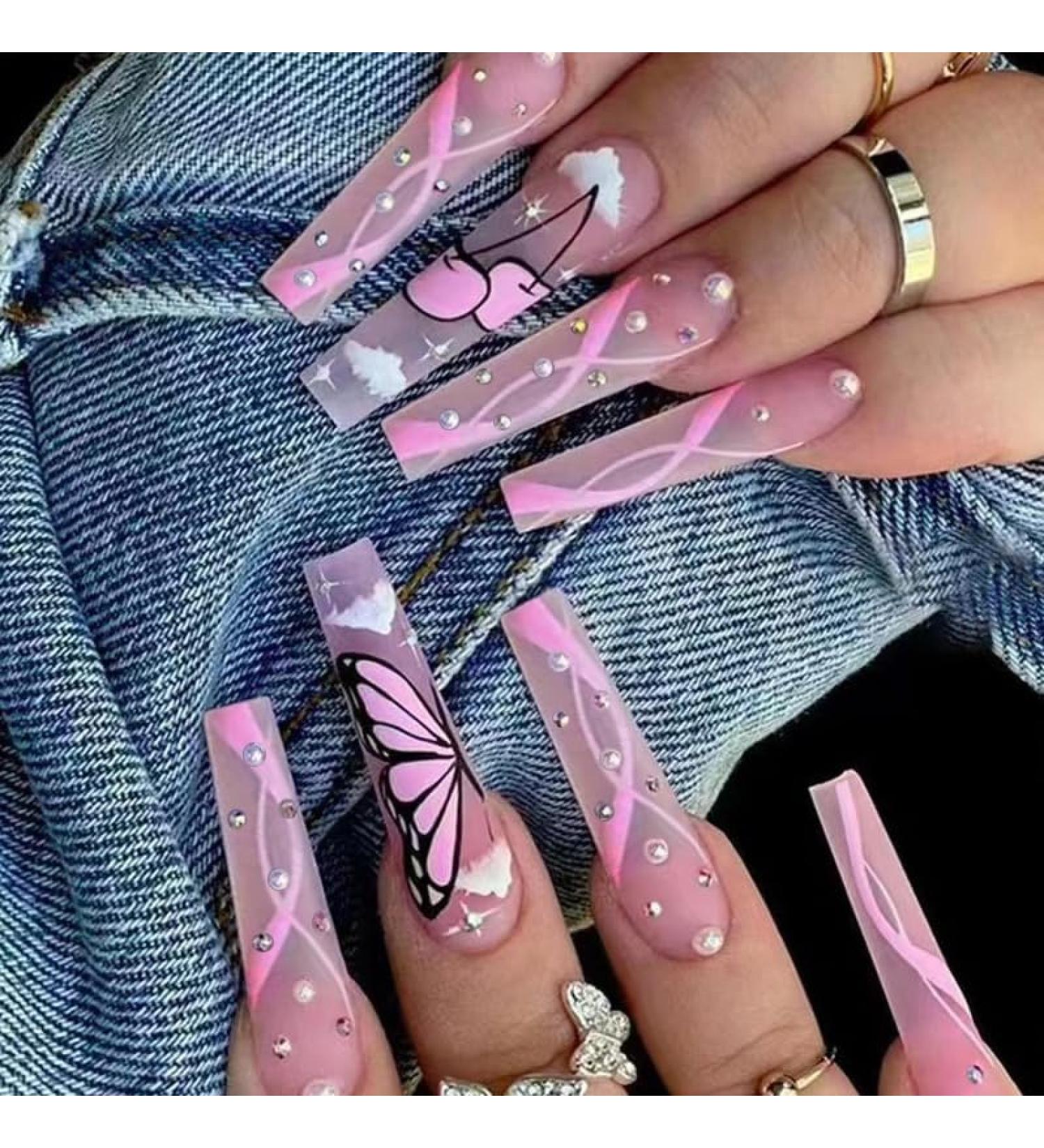 24Pcs/Set Long Ballet Pink Butterfly Diamonds False Nails Acrylic Fake Nails Full Cover Nails Tips Artificial Finger Manicure Press on nails for Women and Girls - Buy Online on GoSupps.com