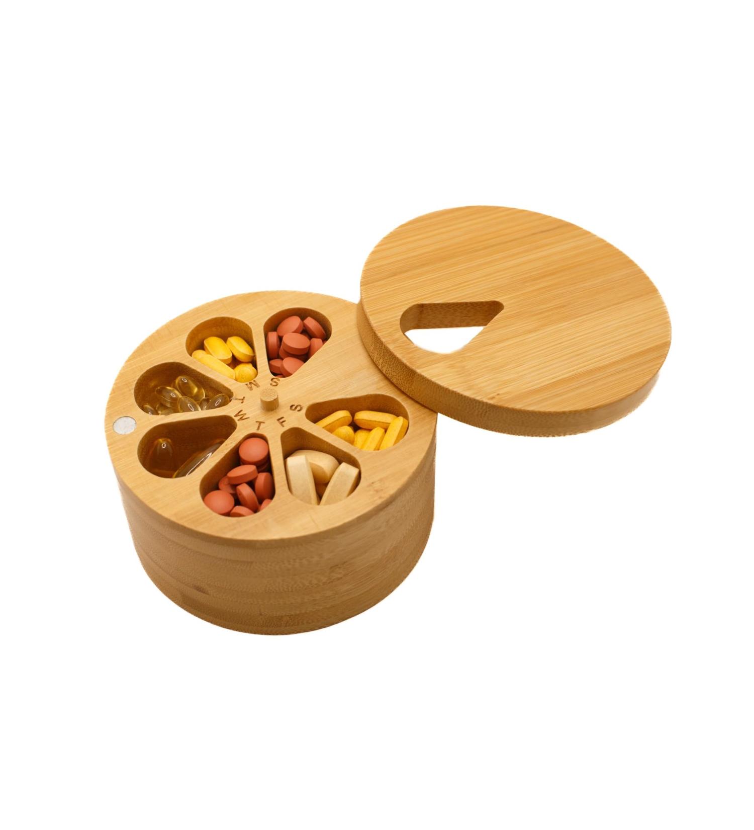 Daily & Weekly Pill Organizer - Double Capacity Wooden Medicine Holder for Travel & Vitamins - Buy Online on GoSupps.com