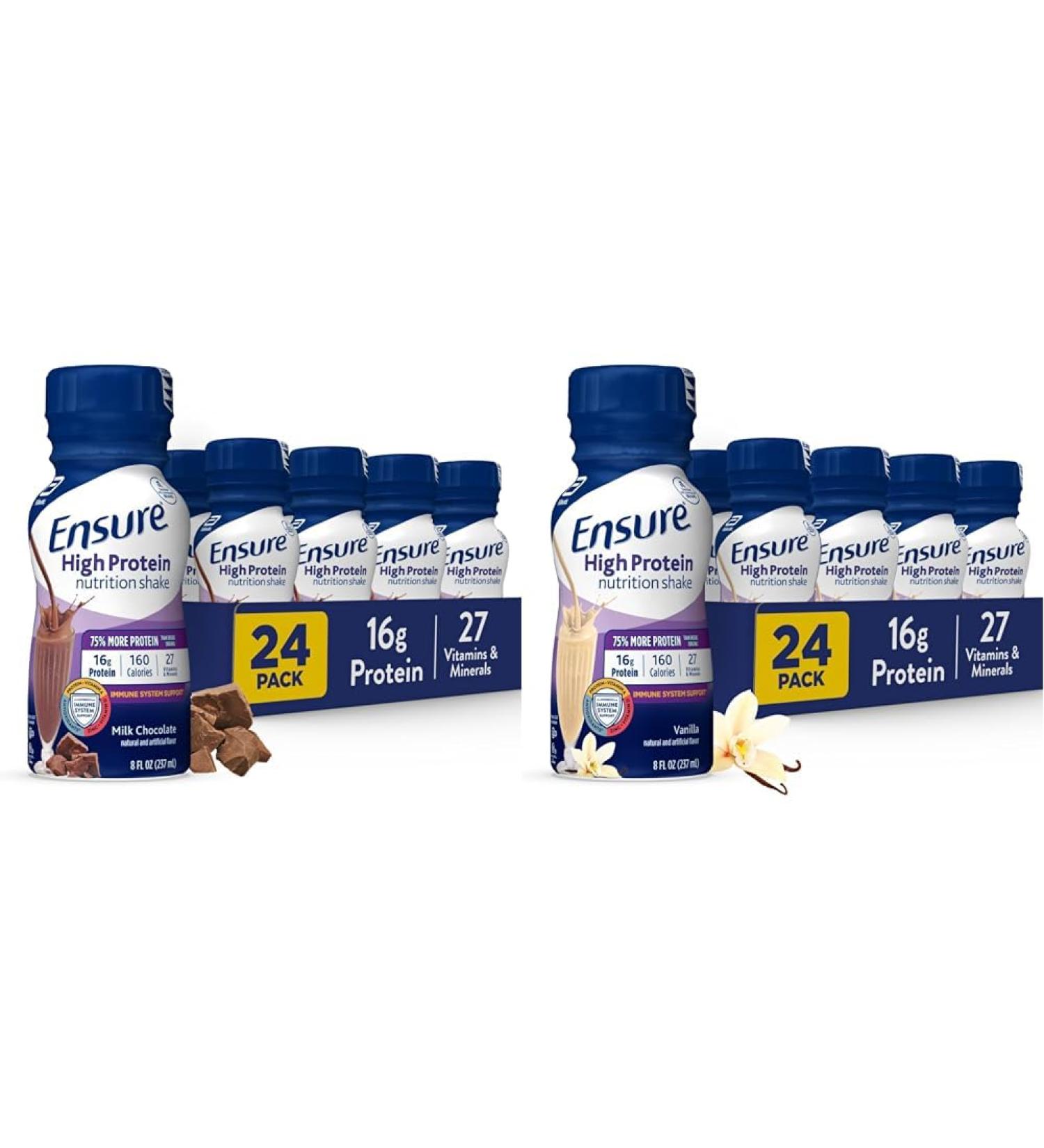 Ensure High Protein Milk Chocolate and Vanilla Nutrition Shakes with Fiber 24 Pack Bundle
