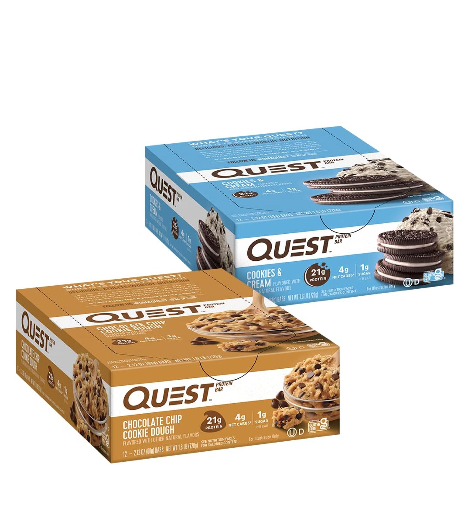 Quest Nutrition Favorites Bundle Chocolate Chip Cookie Dough & Cookies and Cream Protein Bars - Buy Online on GoSupps.com