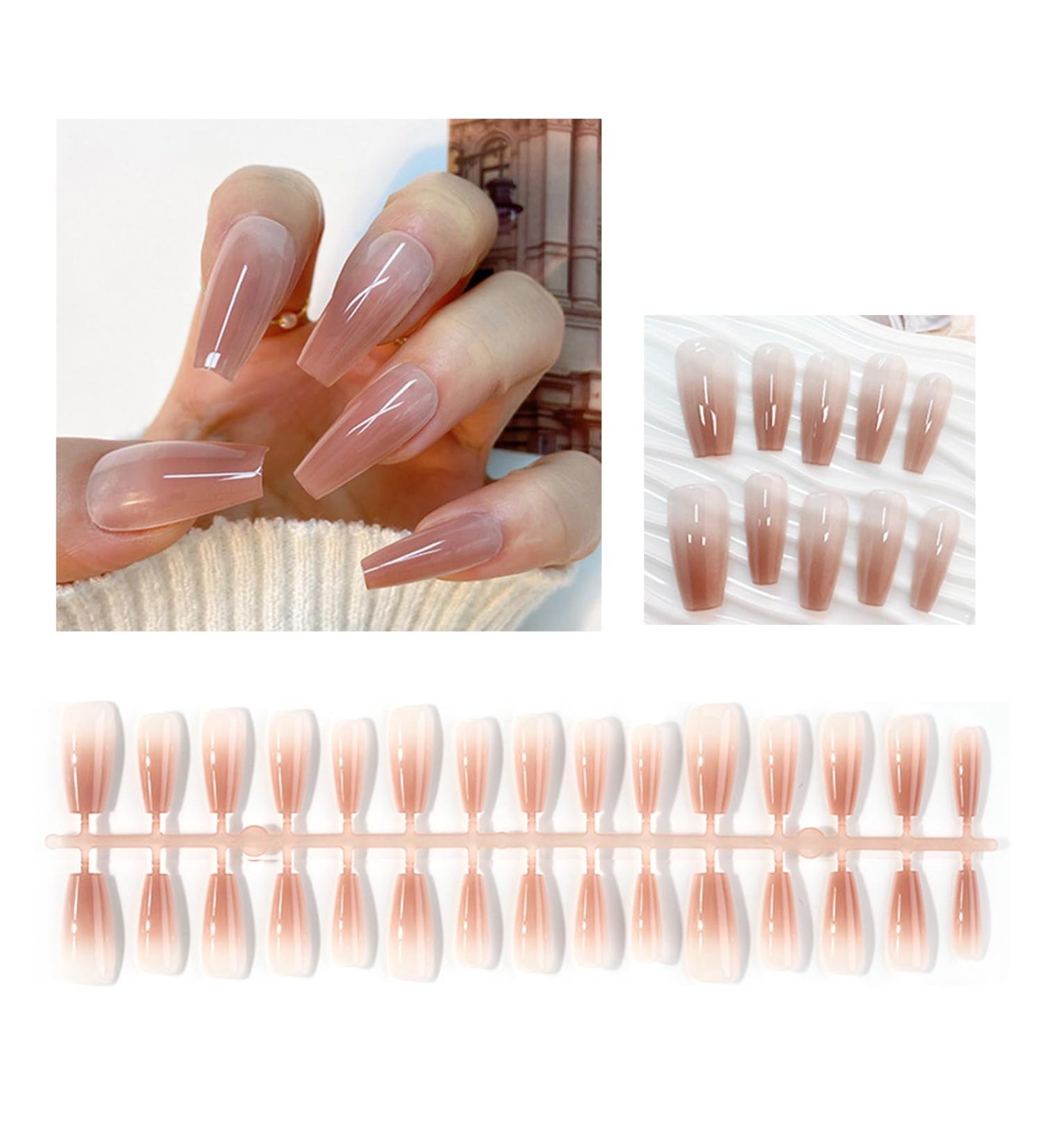 FEIlei 30Pcs Long Press on Nails Coffin French Fake Nails Tip Gradient Acrylic Nails Glossy False Nails for Women Girls - Buy Online on GoSupps.com