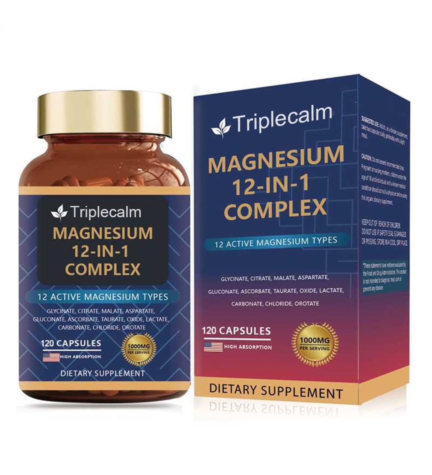 Magnesium Complex 12 in 1 Supplement - 12 Elemental 1000mg - Magnesium Glycinate Citrate Malate Taurate - High Absorption for Muscle Nerve & Sleep Support - 120 Capsules 1 Pc - Buy Online on GoSupps.com