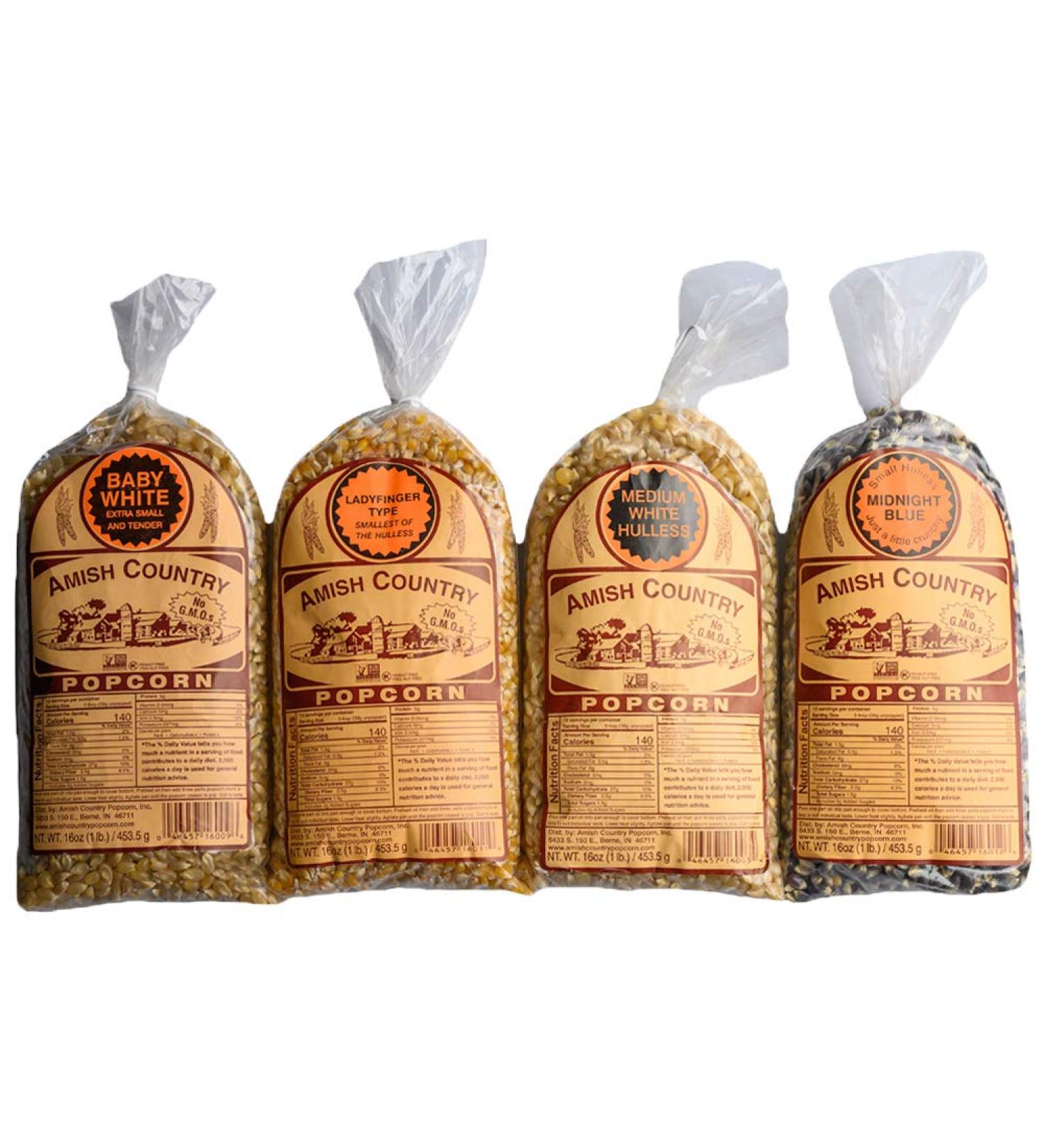Amish Country Popcorn Variety Pack - 4 x 1 lb Bags - Baby White, Medium White, Ladyfinger, Midnight Blue - Non-GMO, Gluten Free - Buy Online on GoSupps.com