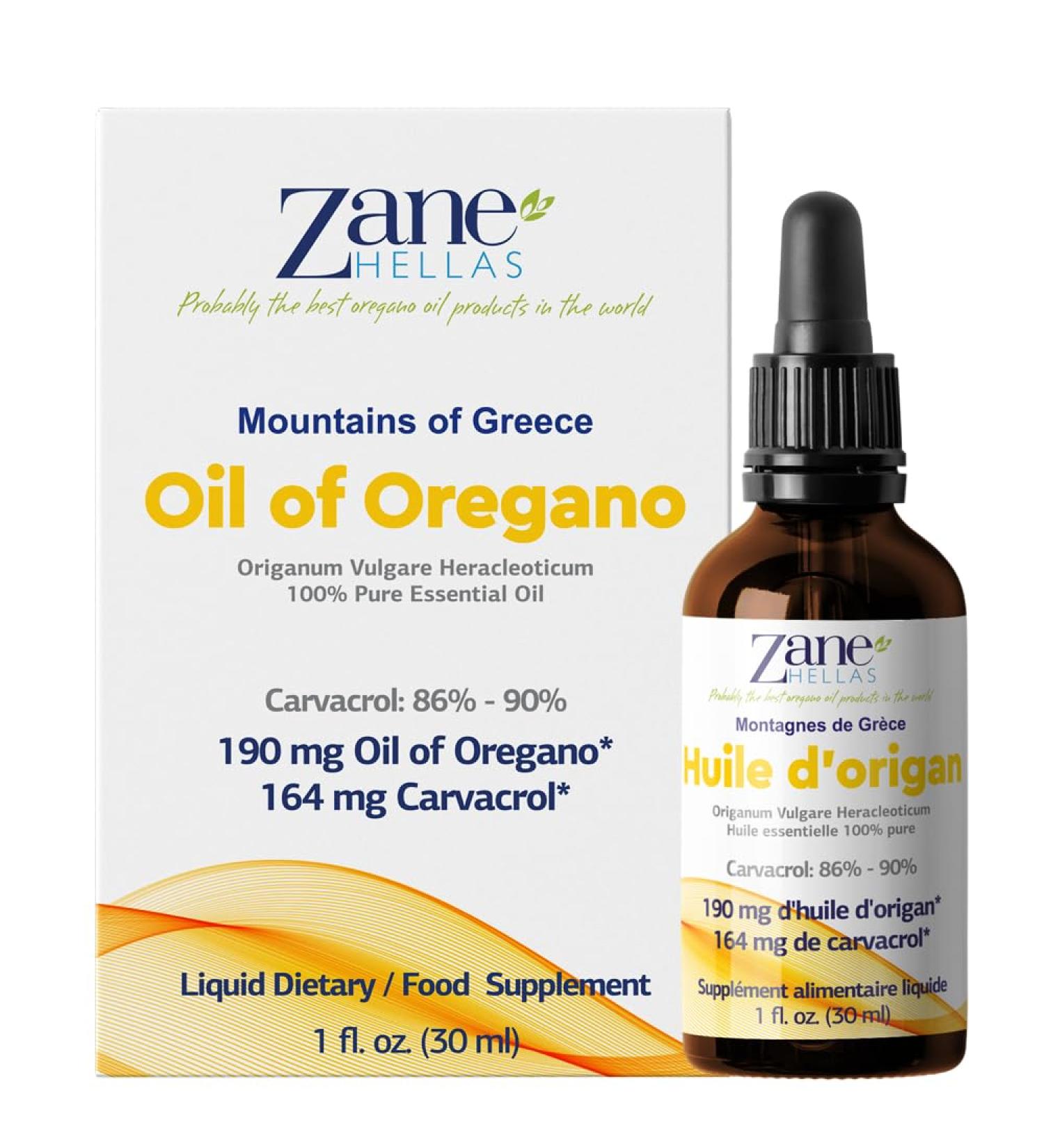 Zane Hellas 100% huile d'origan non dilu e.Huile Essentielle Grecque Pure d'Origan.86% Min Carvacrol.164 mg de carvacrol par portion.Probablement la meilleure huile d'origan au monde.1 oz-30ml - Buy Online on GoSupps.com