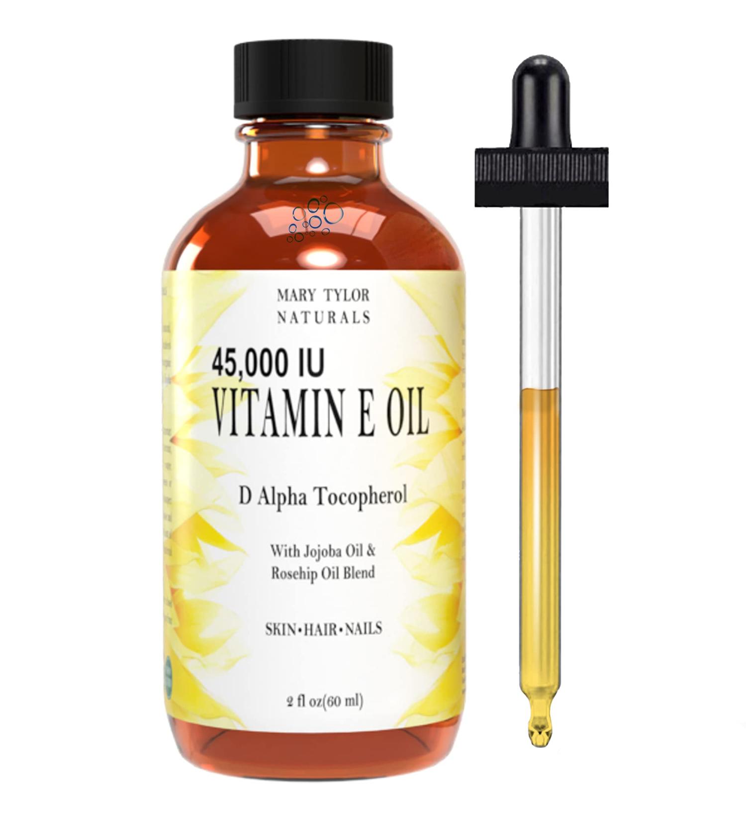 Vitamin E Oil 2 oz 45,000 IU D-Alpha Tocopherol for Skin, Hair & Nails Reduce Wrinkles, Dark Spots, Scars Mary Tylor Naturals - Buy Online on GoSupps.com