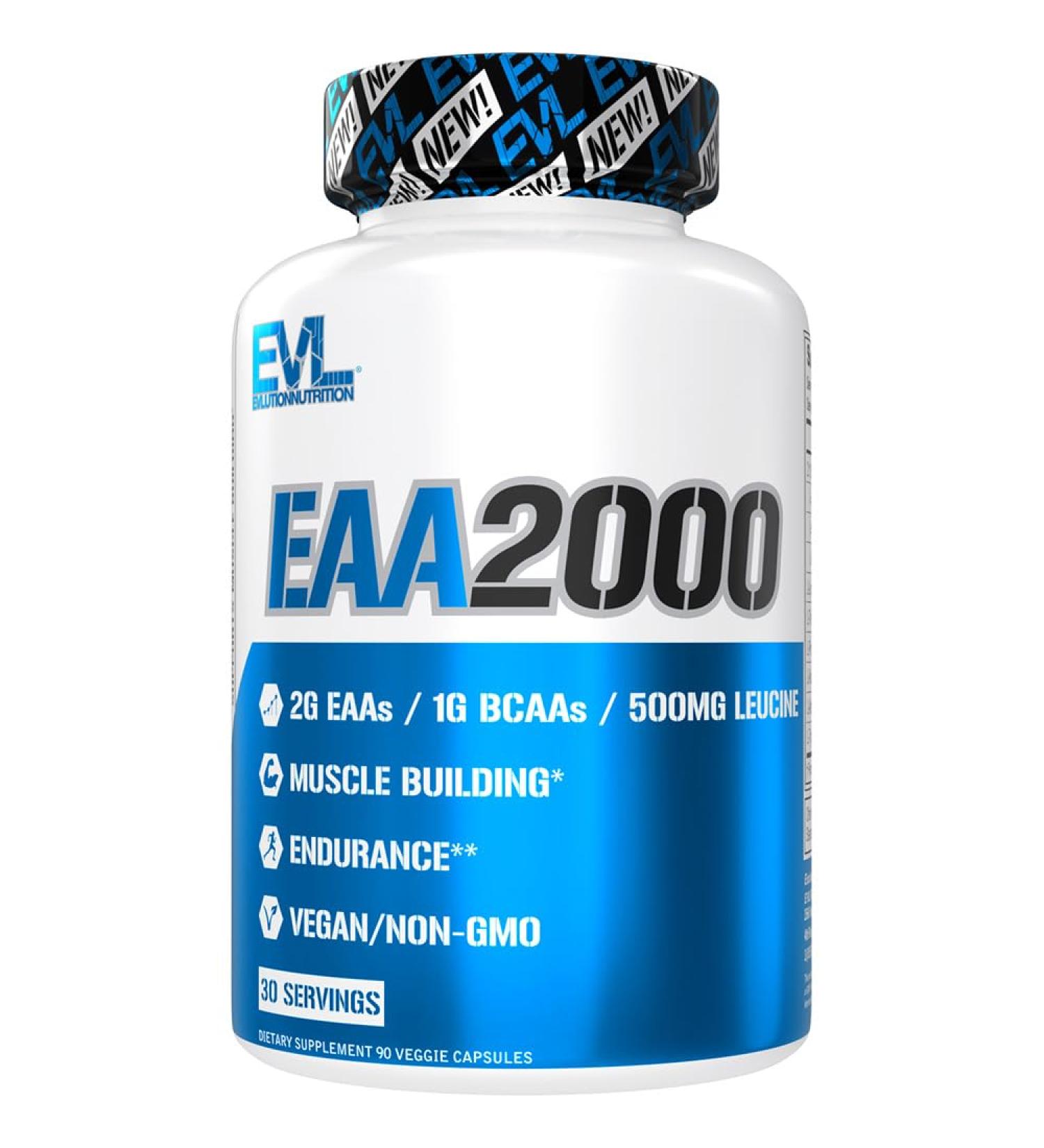 Evlution Nutrition EAA2000 - Essential Amino Acids & BCAAs for Muscle Building Recovery & Endurance - Pre & Post Workout Capsules - 30 Servings - Buy Online on GoSupps.com