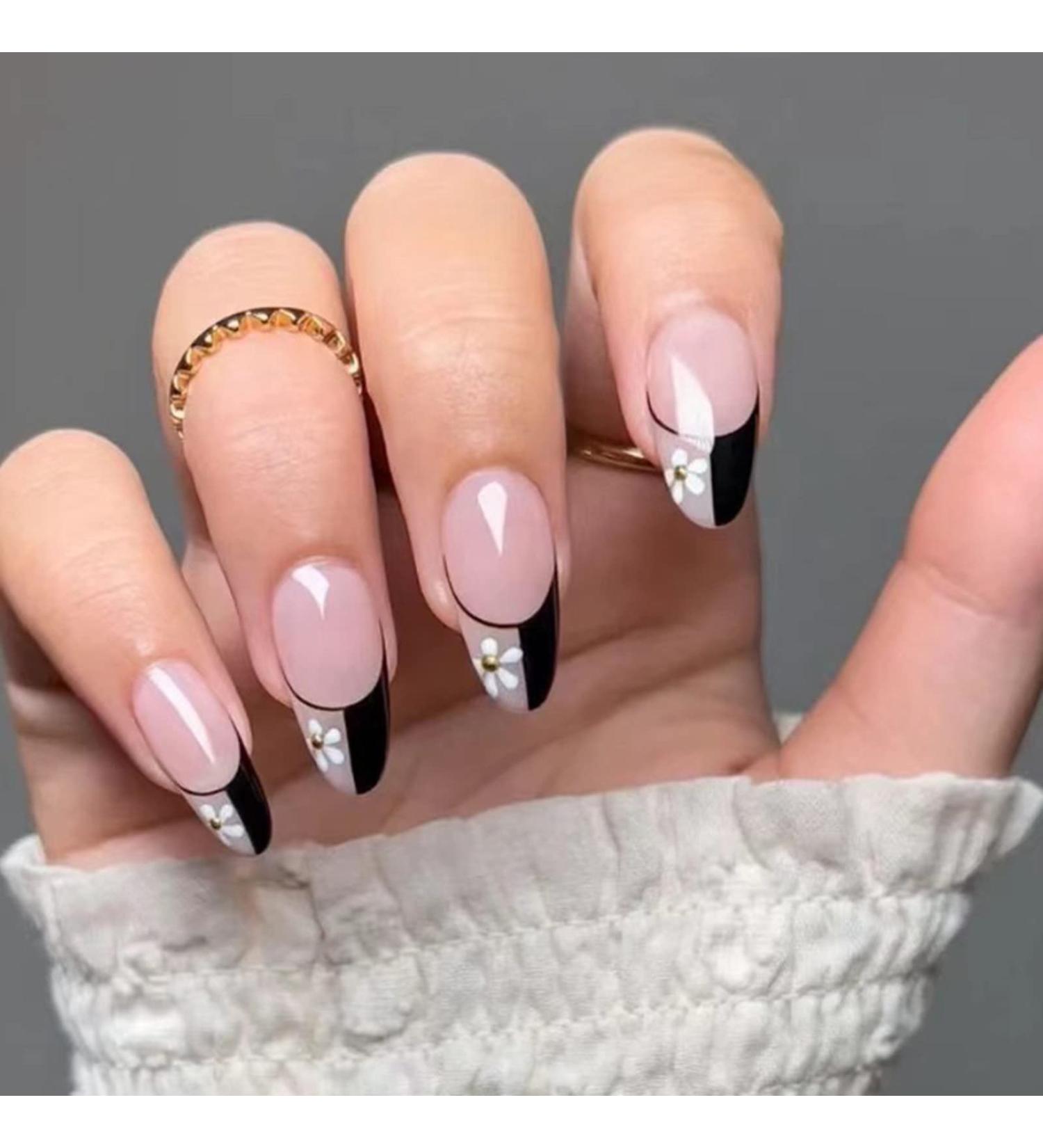 JUSTOTRY 24 Pcs Almond False Nails Short Black French - Flower Pattern | Oval Stick on Nails for Women | Nail Glue Included - Buy Online on GoSupps.com