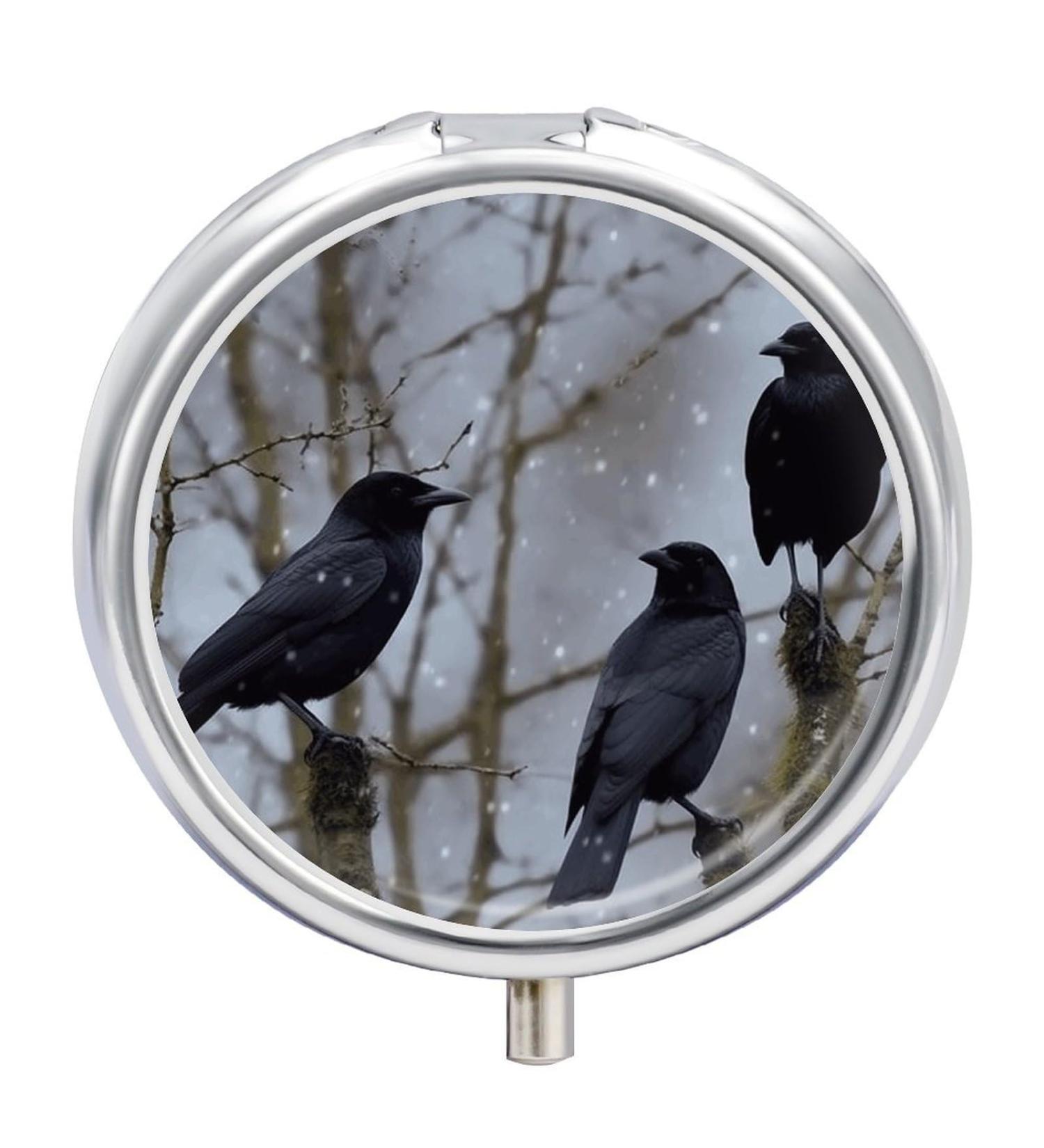 Round Black Crow Birds Print Pill Box | 3 Compartment Portable Metal Organizer - Buy Online on GoSupps.com