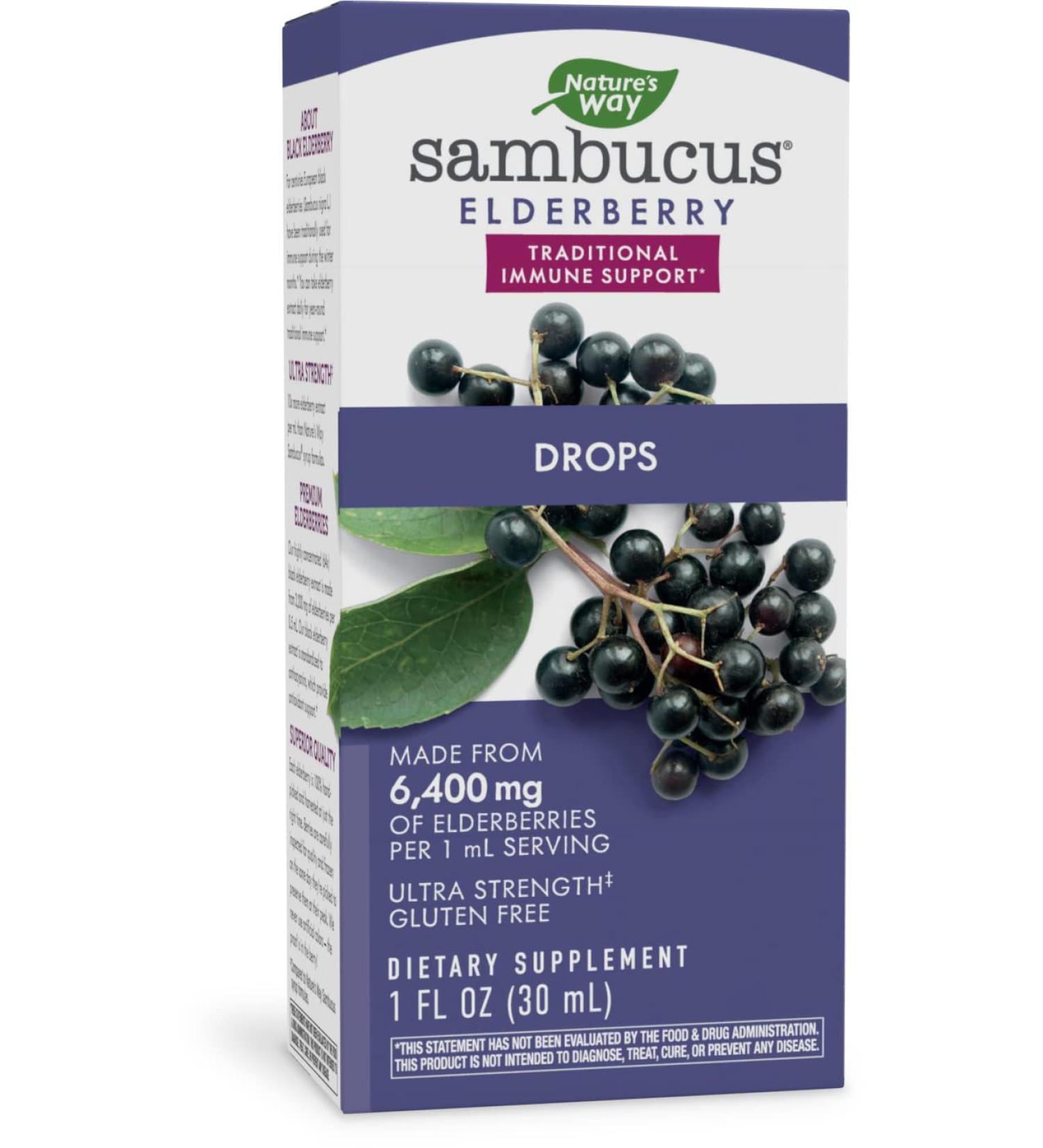 Nature's Way Sambucus Elderberry Drops - Ultra-Strength 6400mg - 1oz Fresh Elderberry - Buy Online on GoSupps.com