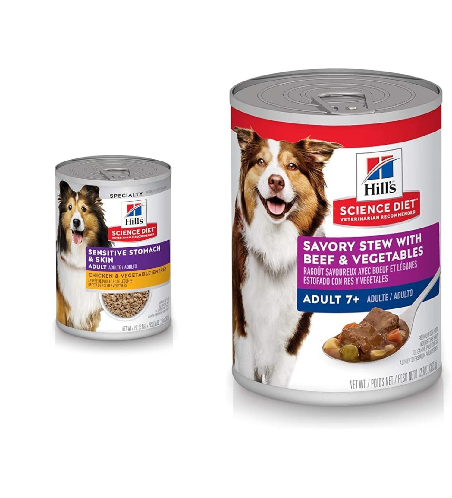 Hill's Science Diet Adult Sensitive Stomach & Skin Canned Dog Food Chicken & Vegetable Entr e & Senior 7+ Canned Dog Food Savory Stew with Beef & Vegetables 12.8 oz 12 Pack wet dog food - Buy Online on GoSupps.com