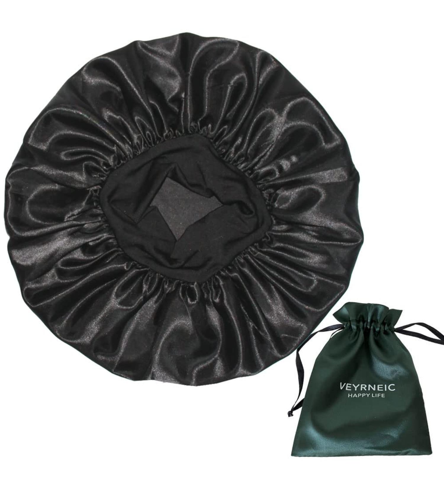 VEYRNEIC Hair Satin Bonnet for Black Women - Wide Elastic Band Night Cap for Sleeping, Shower & Chemo - Includes Satin Storage Bag (Black) - Buy Online on GoSupps.com
