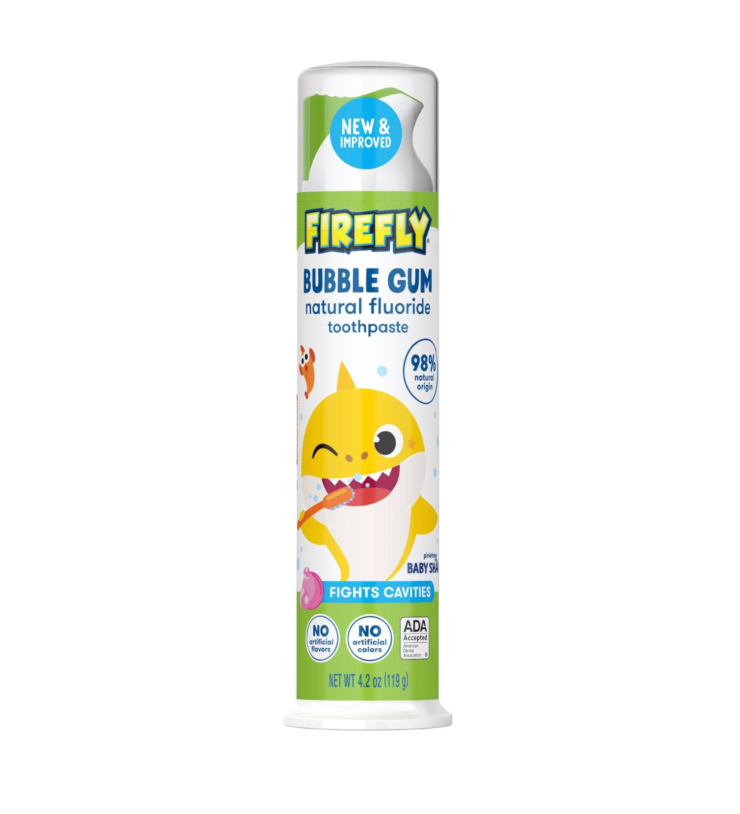 Firefly Kids Anti-Cavity Natural Fluoride Toothpaste Baby Shark Bubble Gum Flavor ADA Accepted 4.2 OZ
