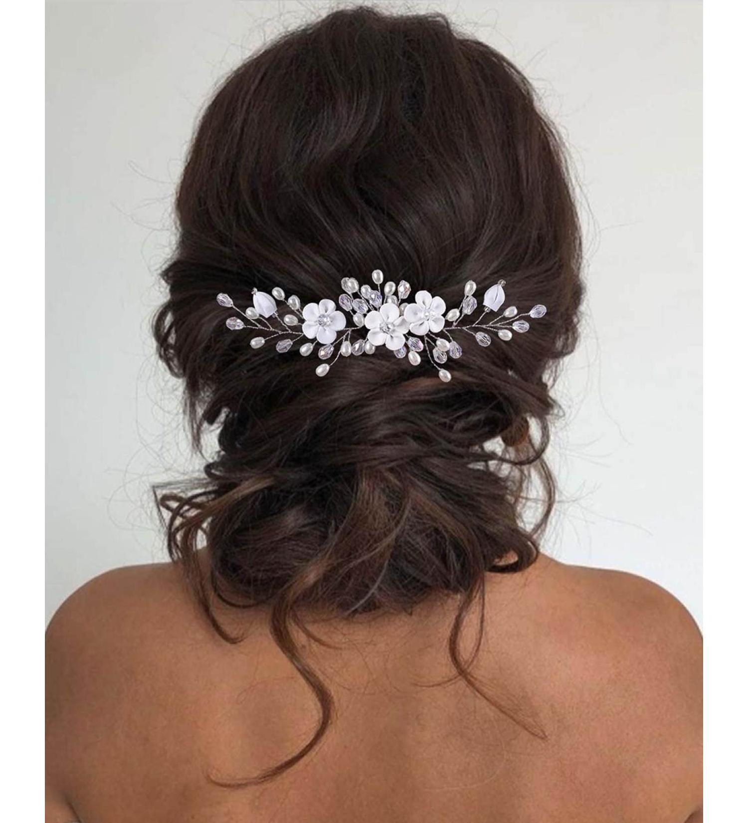 Unicra Flower Hairpins for Brides | Silver Wedding Hair Accessories Pearl Hair Clips & Headdresses for Women & Girls - Buy Online on GoSupps.com