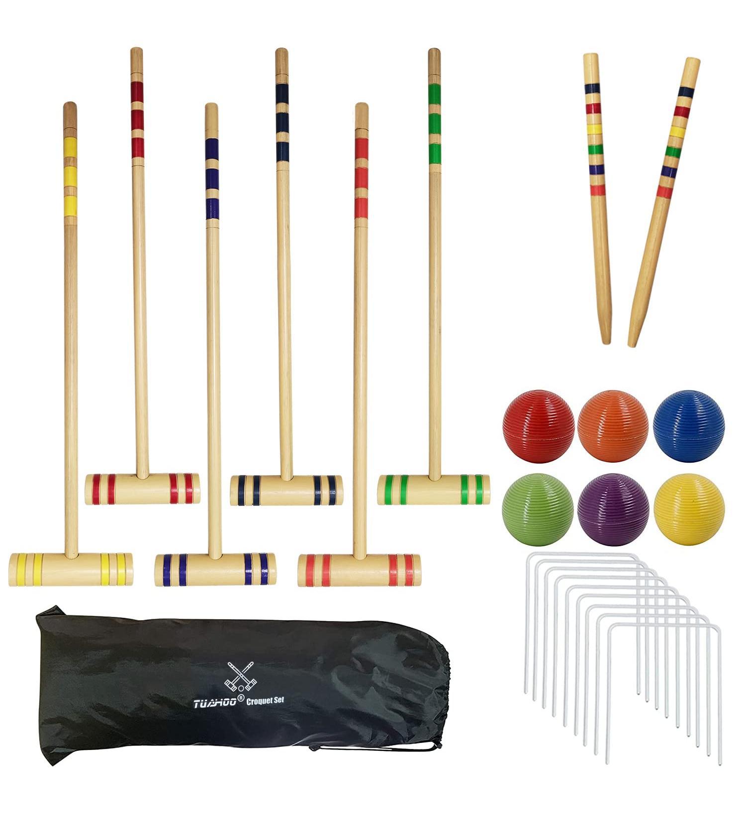 Tuahoo 28 Six-Player Croquet Set with Wooden Mallets - Outdoor Game for Adults, Families, and Kids | Giant Yard Game for Tailgate, Lawn, Backyard, and Park - Buy Online on GoSupps.com