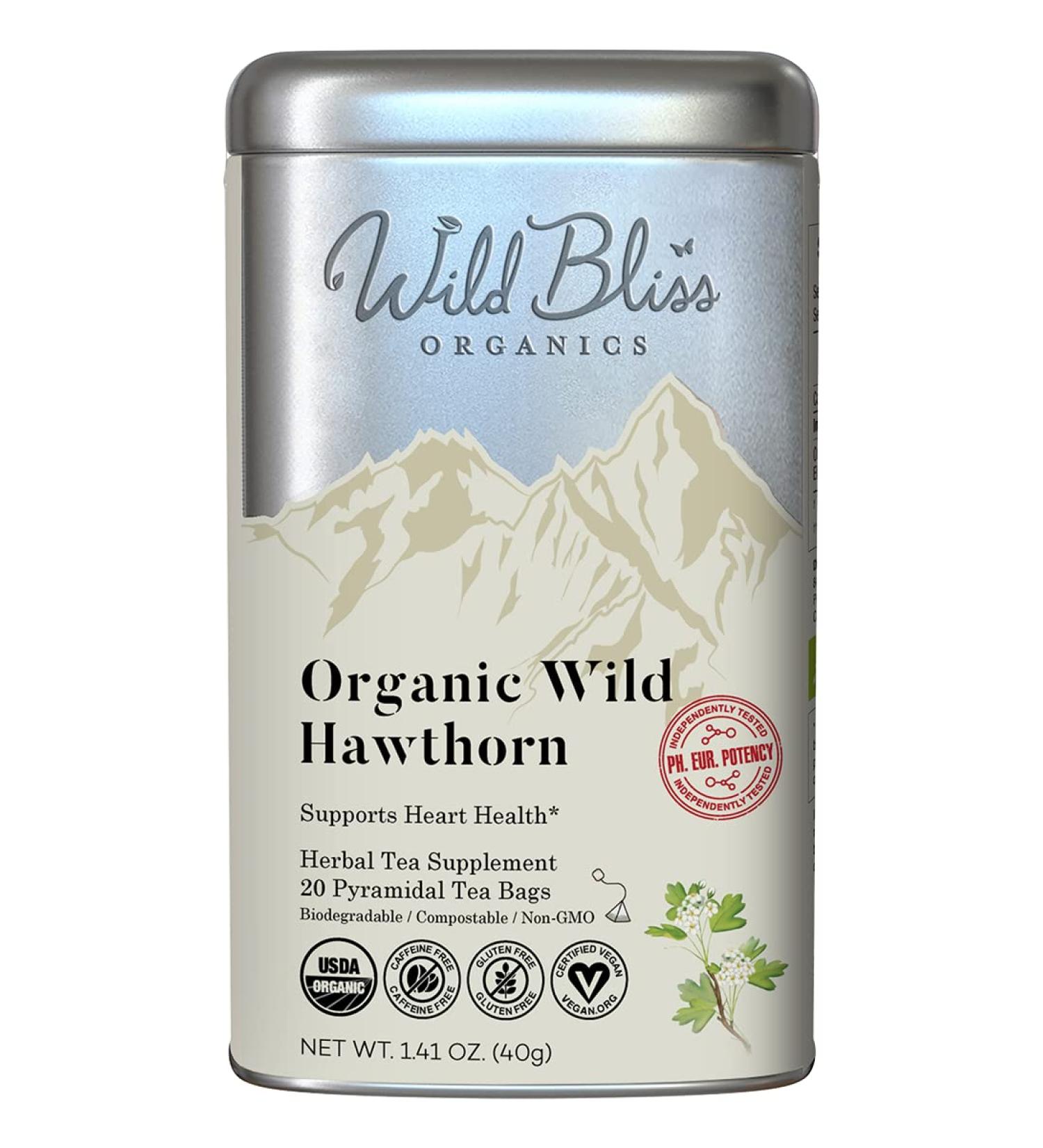 Wild Bliss Organic Hawthorn Leaf and Flower Herbal Tea - Caffeine Free - 20 Tea Bags - Potent Pharmacopoeia Blend (1 Pack) - Buy Online on GoSupps.com