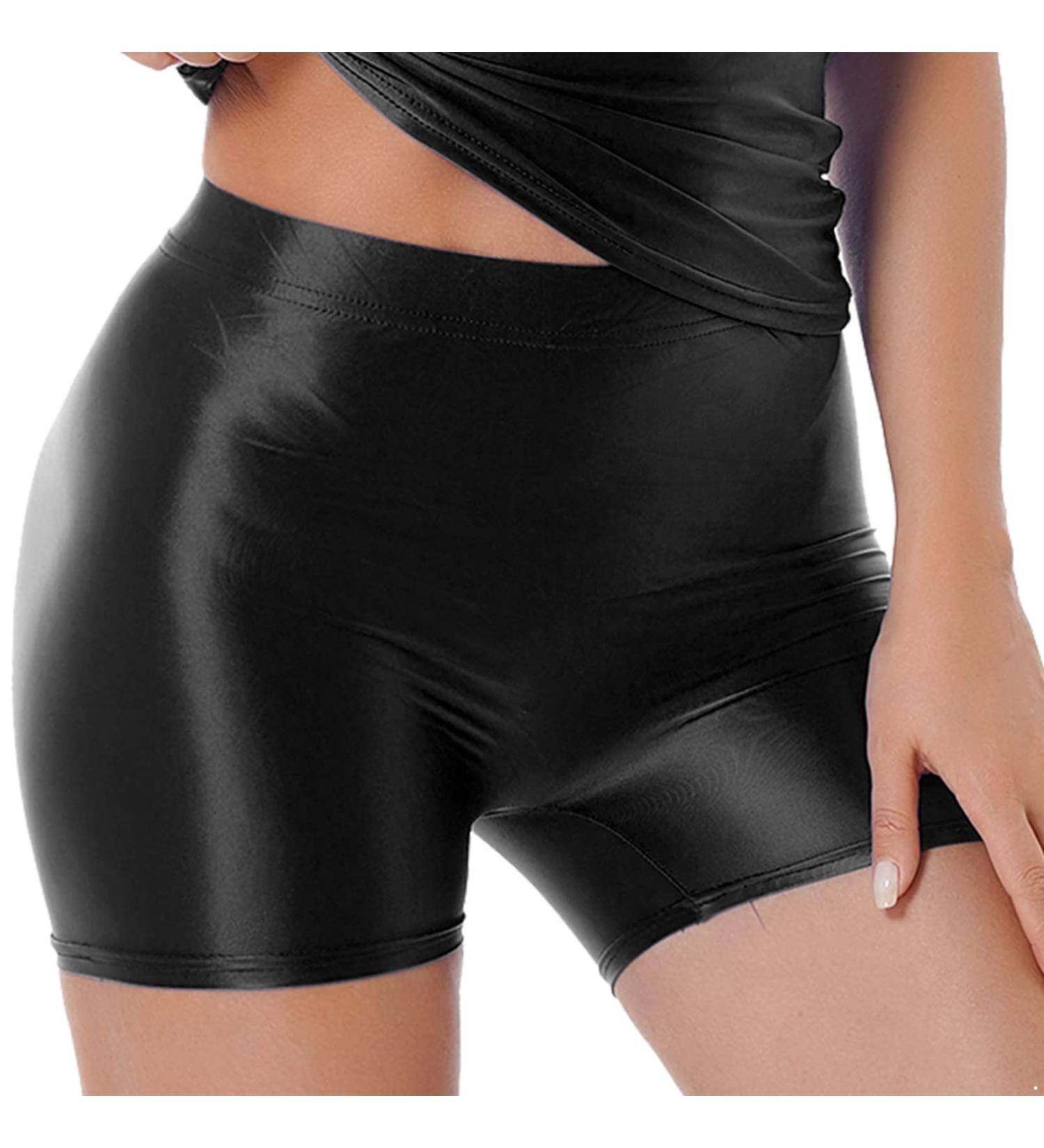 YiZYiF Women's Oil Glossy High Waist Yoga Booty Shorts Black - Medium - Buy Online on GoSupps.com