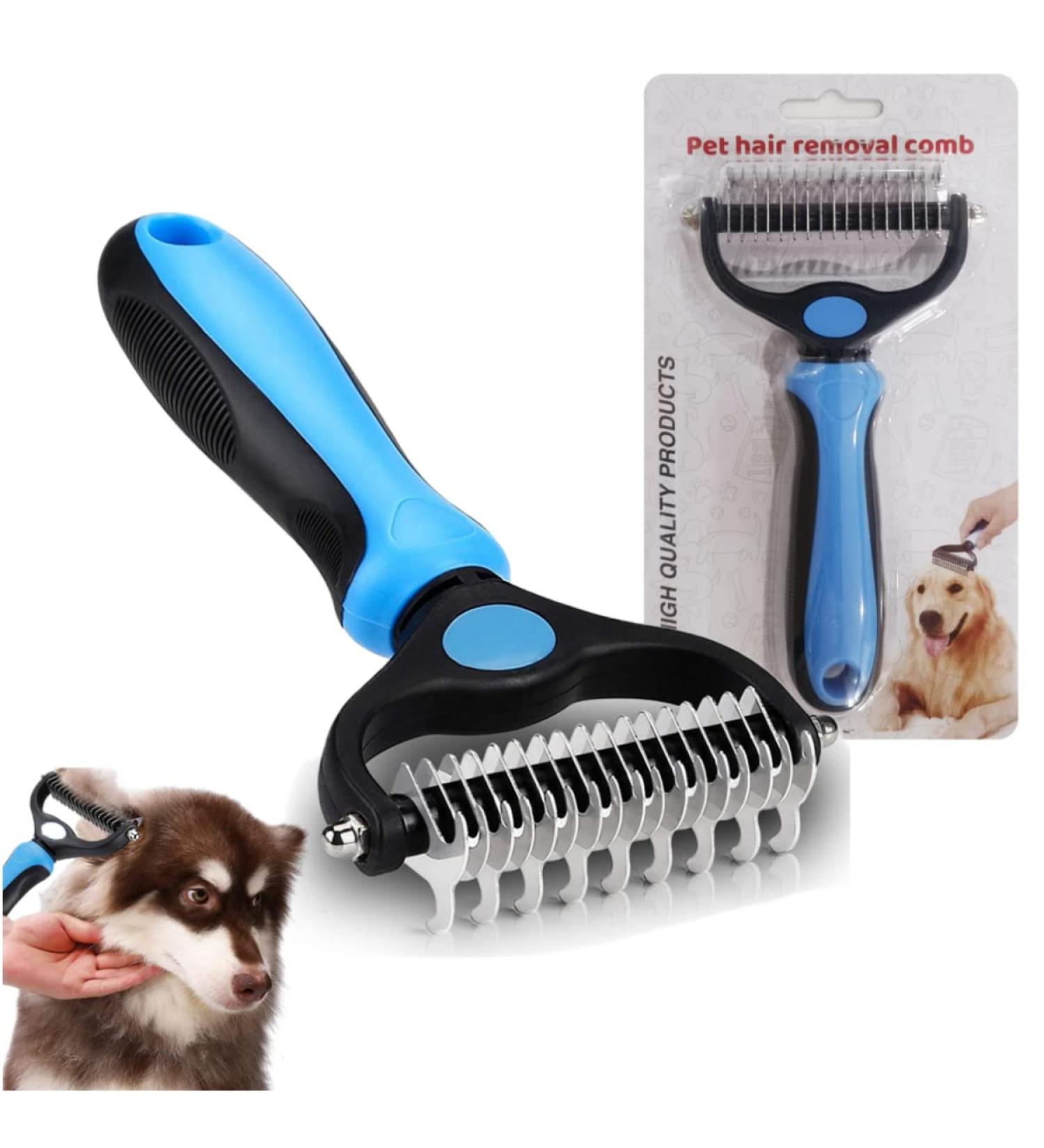 2 in 1 Pet Grooming Tool for Dogs & Cats - Deshedding & Dematting Comb - Undercoat Rake for Long Haired Pets - Blue - Buy Online on GoSupps.com