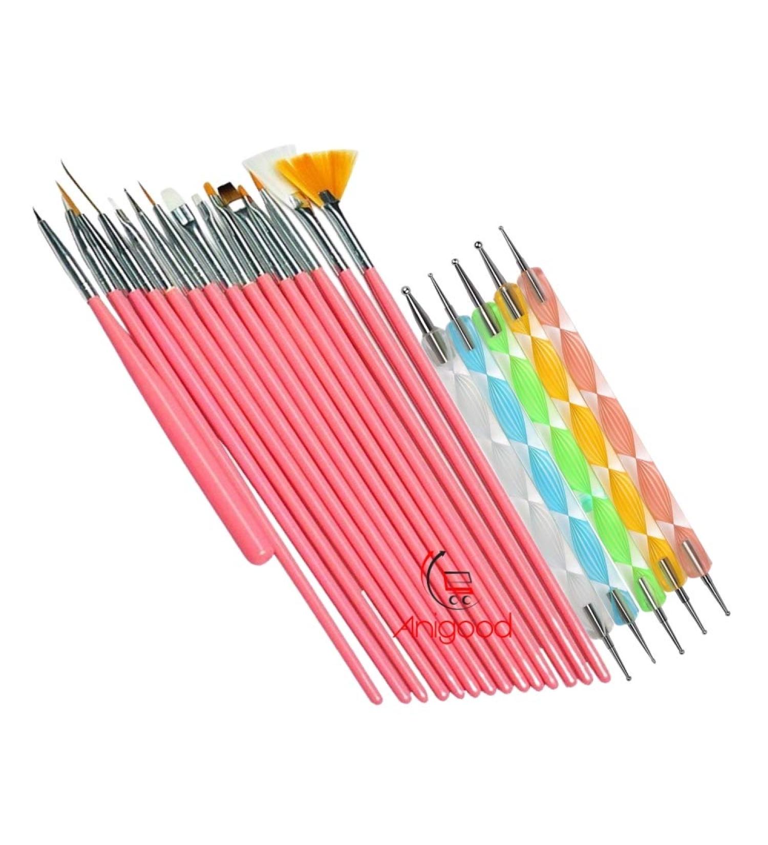 20-Piece Nail Art Brush Set with Pink and White Acrylic Handles - Manicure & Pedicure Kit for Designing, Dotting, and Painting - Pink - Buy Online on GoSupps.com