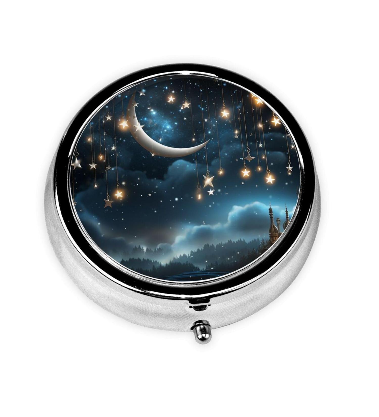 Portable 3 Compartment Pill Box - Nightsky Hanging Moon & Stars - Travel Medicine Organizer - Unique Gift for Vitamins & Fish Oil - Metal Pill Case for Purse & Pocket - Buy Online on GoSupps.com