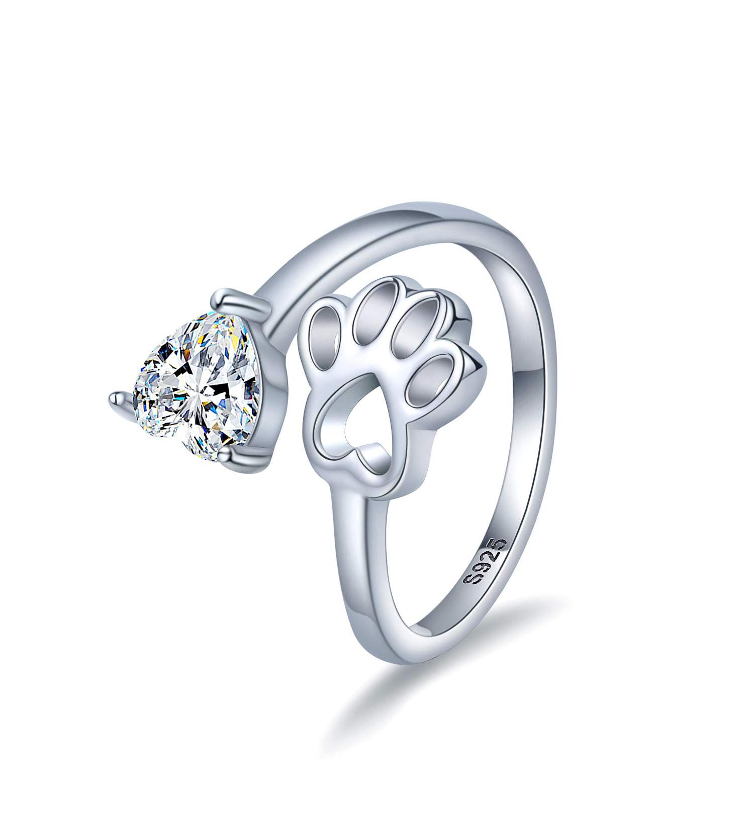 925 Sterling Silver Paw Print Love Heart Ring - Adjustable Pet Loving Jewelry (Heart CZ) - Ideal Gift for Dog and Cat Lovers - Buy Online on GoSupps.com