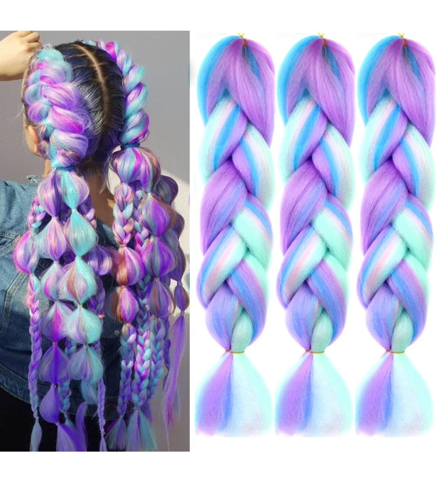 Kanekalon Ombre 4 Colors Mix Braiding Hair 3pcs - Rainbow Color Jumbo Hair Extensions for Wigs and Dreadlocks - 24Inch (Pink/Purple/Green/Blue/Light Cyan) - Buy Online on GoSupps.com